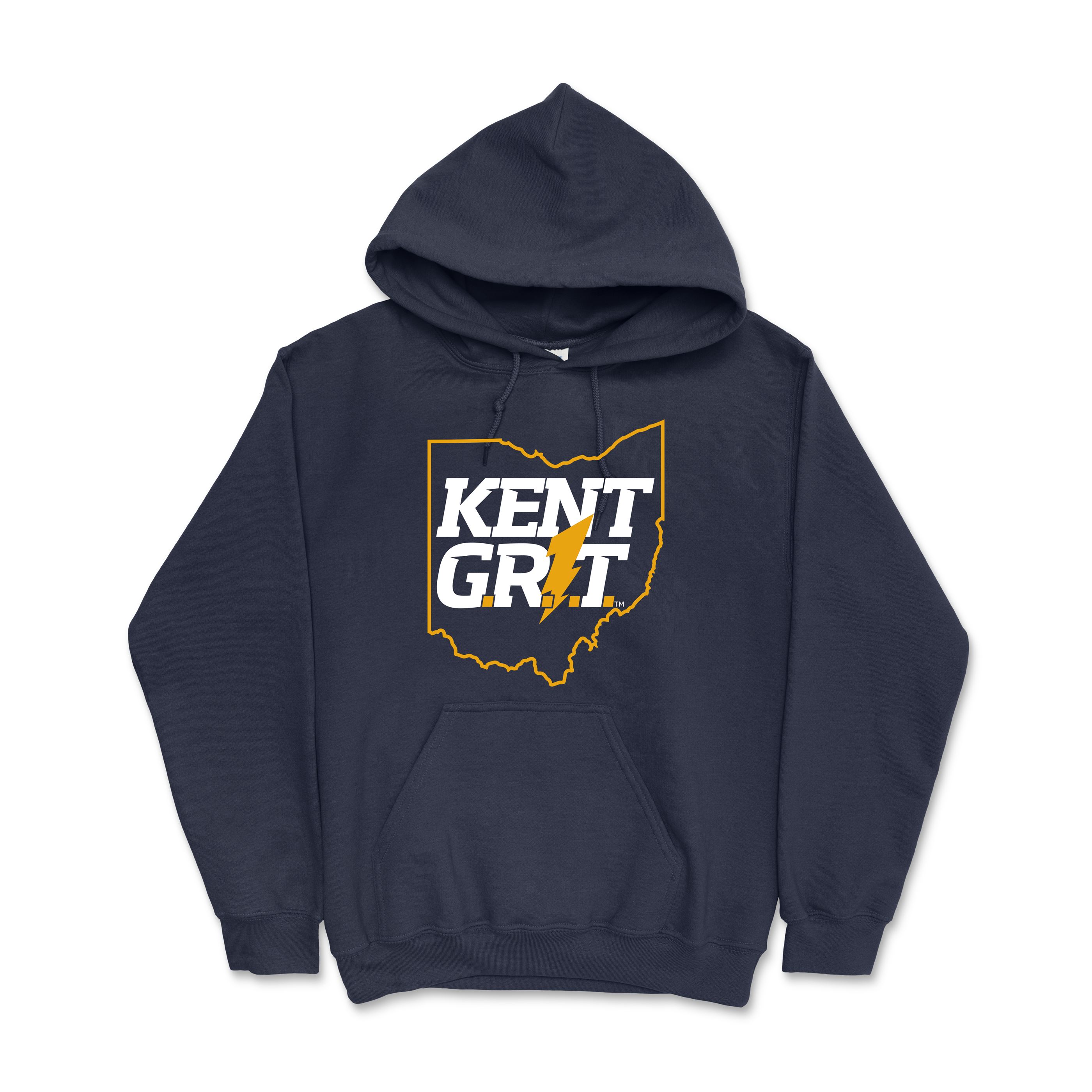 Kent Grit Navy Hoodie featuring a bold white and yellow graphic of Ohio with a lightning bolt, designed for comfortable Kent State University apparel.