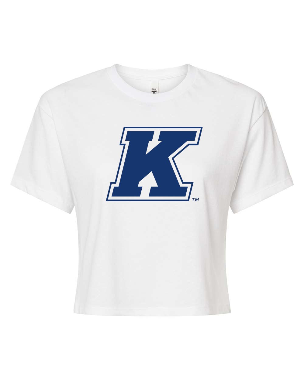 Kent State K Logo White Crop Top featuring a bold navy blue "K" emblem on a white cotton fabric, perfect for casual Kent State apparel fans.