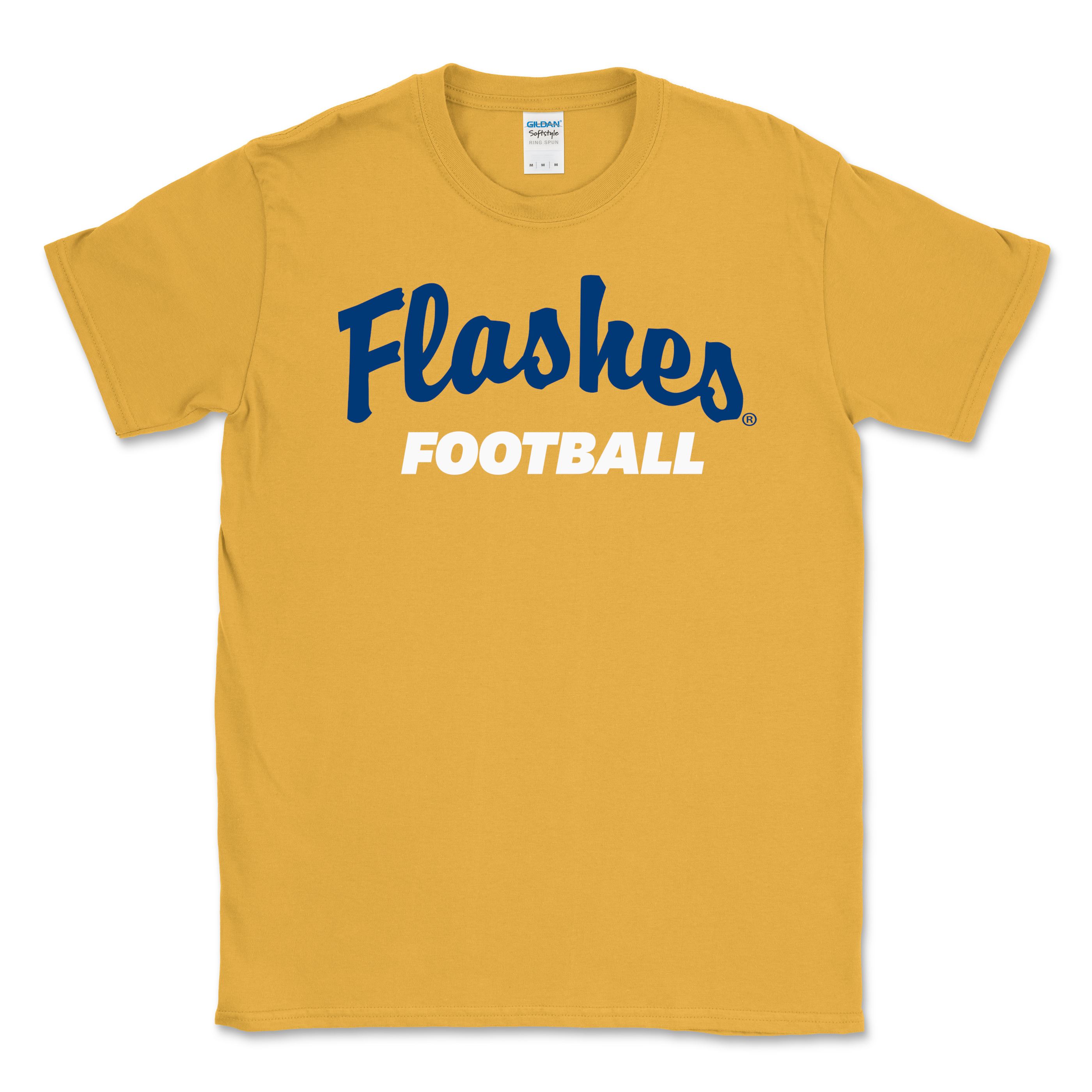 Kent State Script Football Gold T-Shirt featuring a golden yellow color with navy blue "Flashes" script and white "Football" text, showcasing Kent State apparel style.