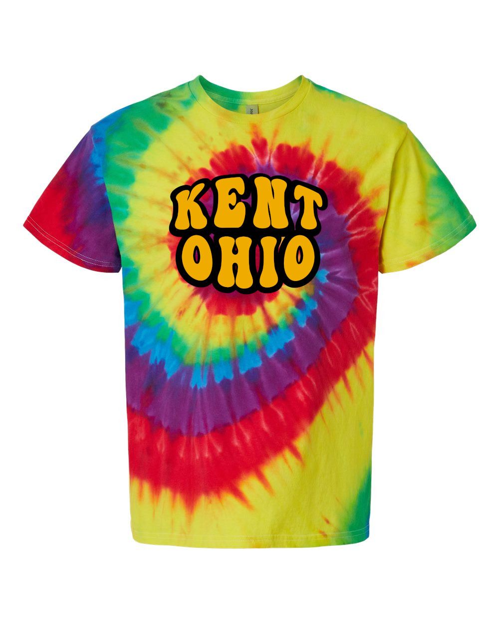 Bright tie dye t-shirt featuring a spiral pattern in yellow, red, blue, green, and purple with bold "Kent, Ohio Tie Dye" text in yellow and black letters in the center.