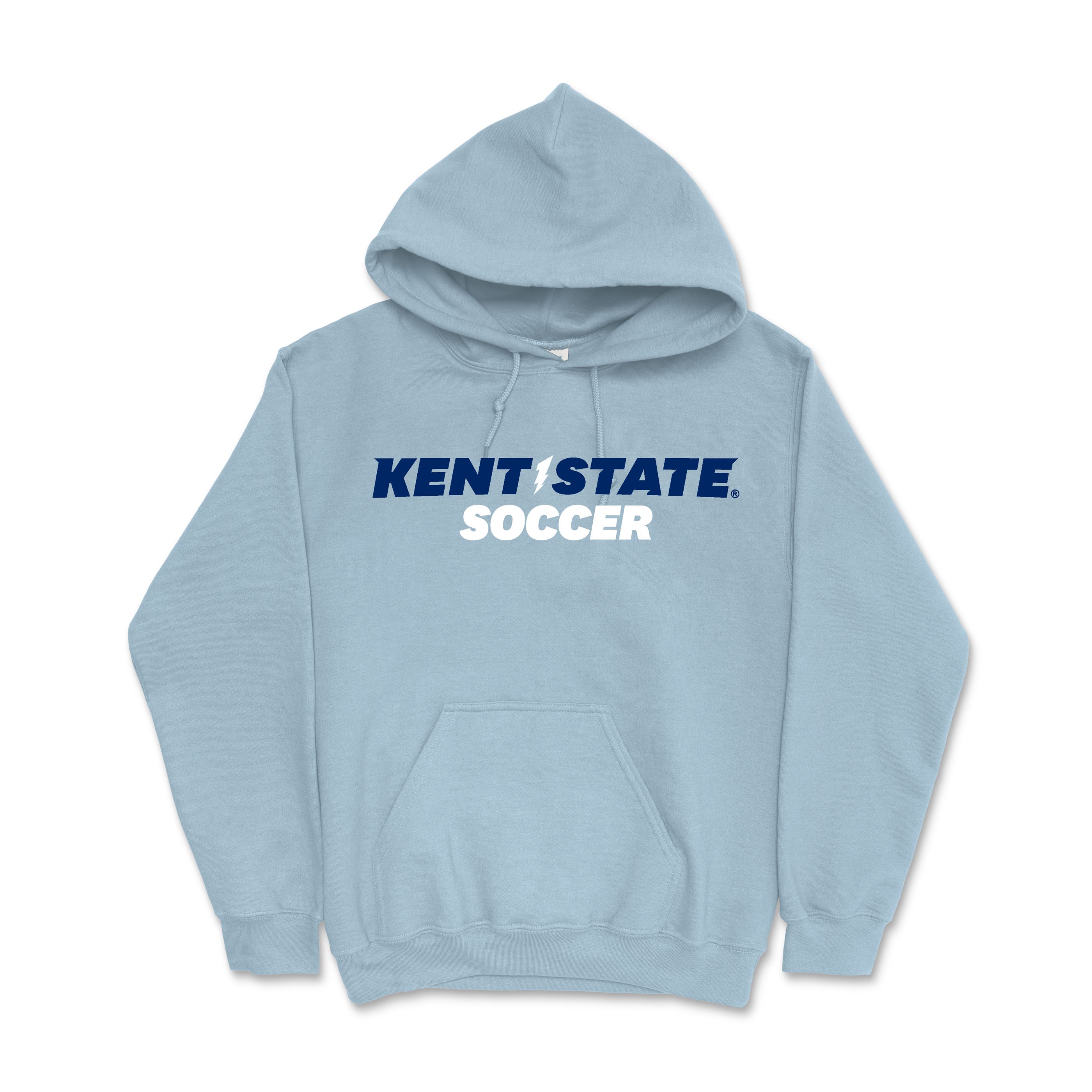 Kent State Light Blue Soccer Hoodie with front kangaroo pocket and drawstring hood, featuring bold navy and white Kent State Soccer lettering on the chest.