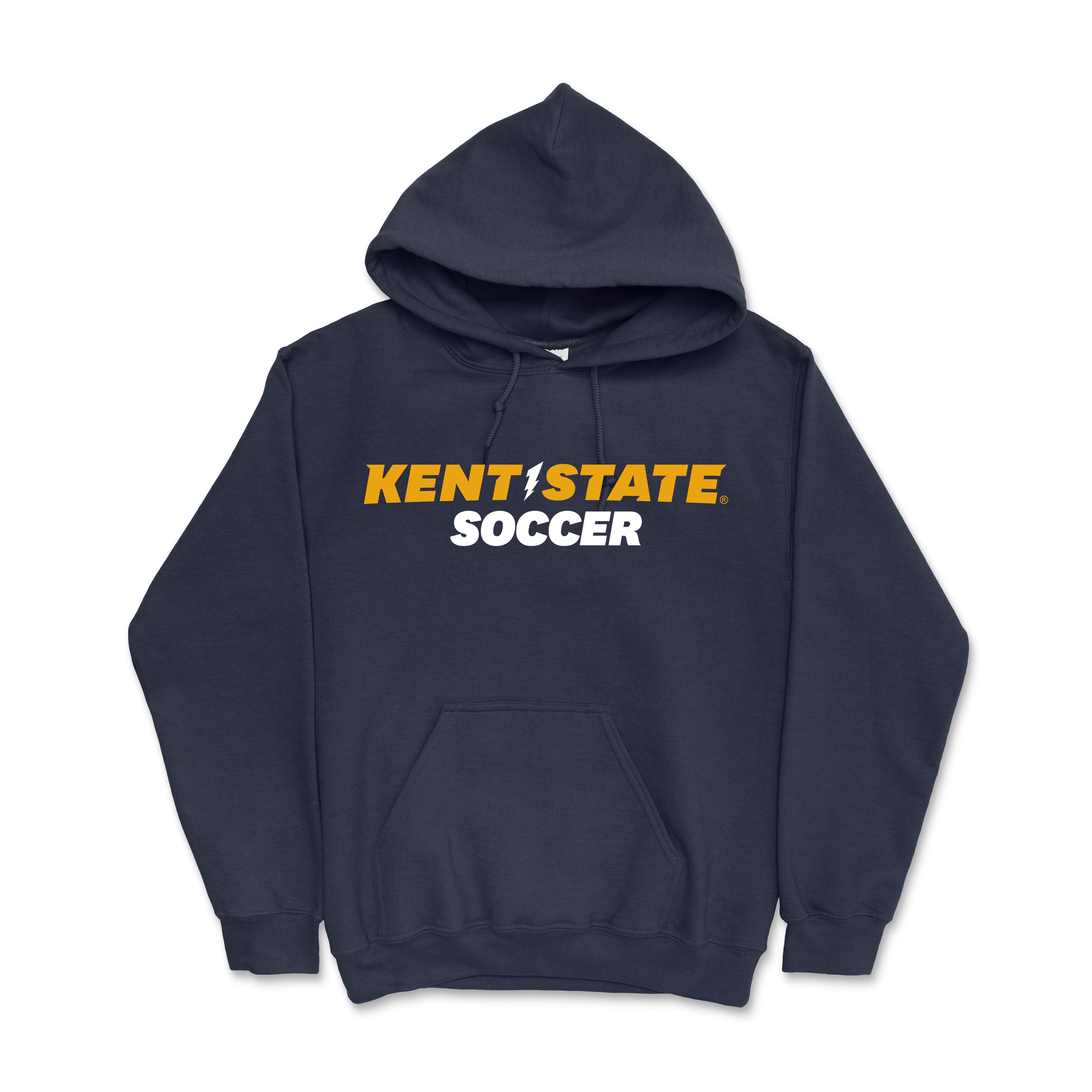 Kent State Navy Soccer Hoodie in navy blue with Kent State logo and soccer text on the front, featuring a front pocket and adjustable hood, perfect for Kent State apparel fans.