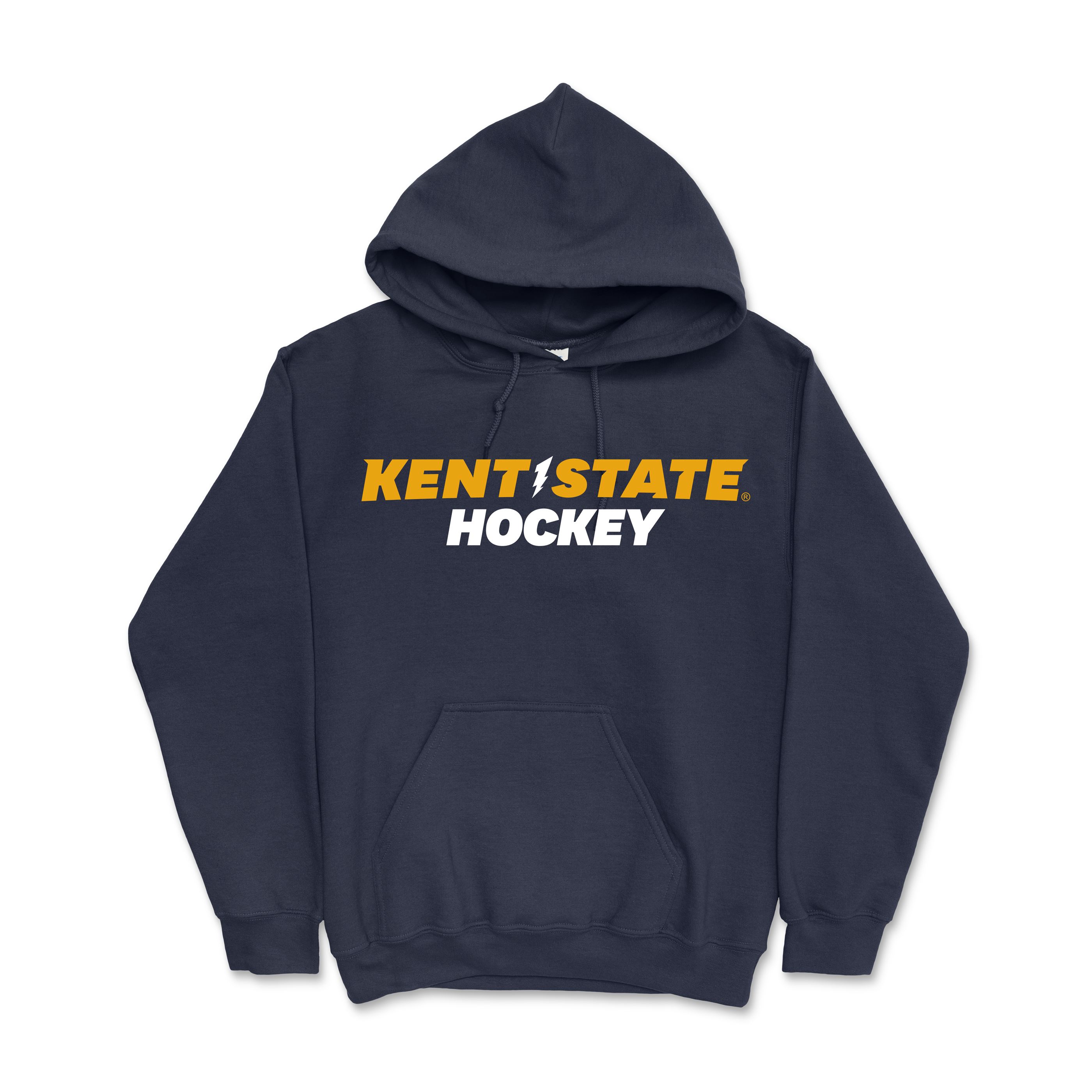 Navy blue hooded sweatshirt featuring bold yellow and white "Kent State Hockey 2" text, designed for Kent State University fans and Golden Flashes apparel enthusiasts.