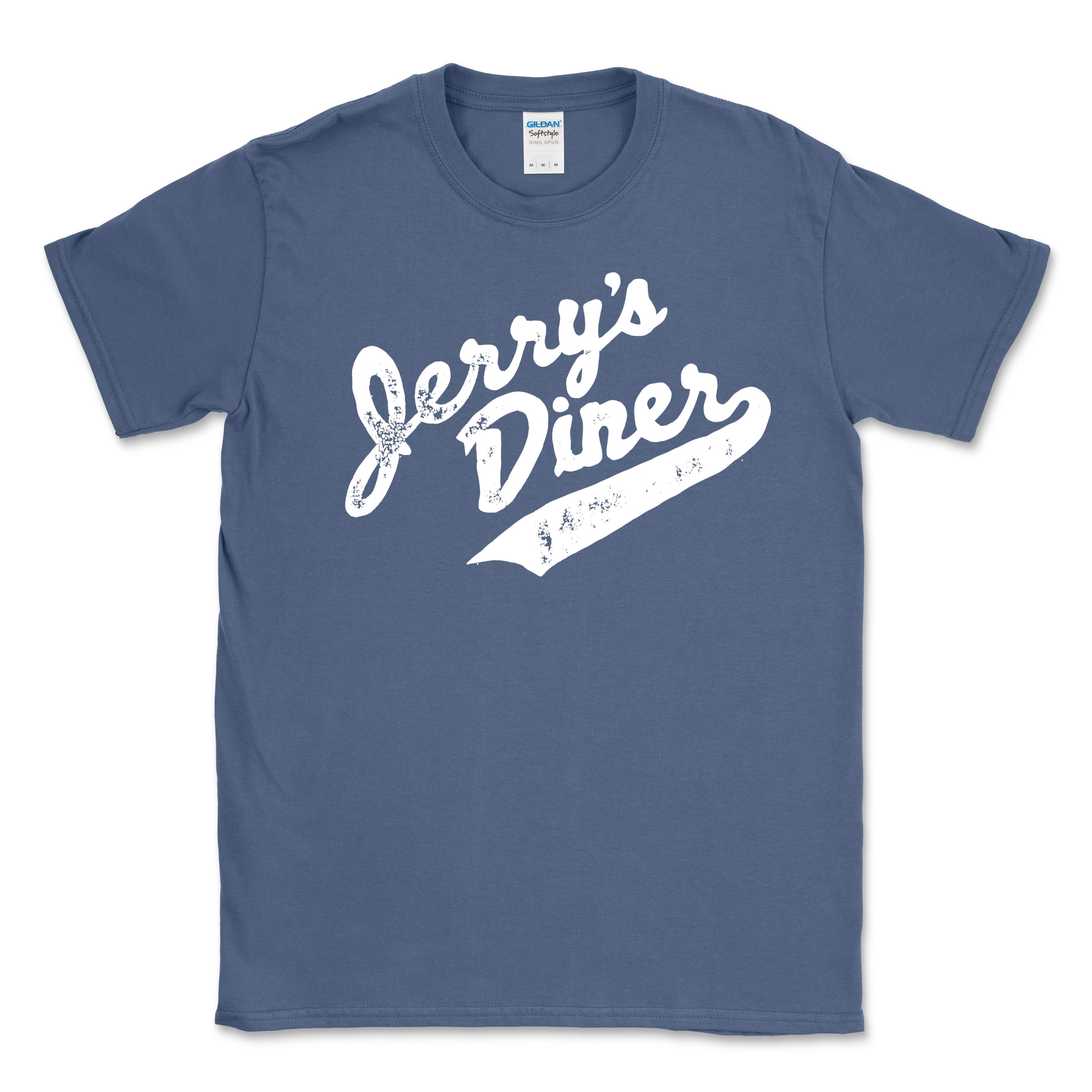 Blue t-shirt featuring a vintage-style design with distressed white text reading "Jerry's Diner" in Jerry's Diner Script Font across the front.