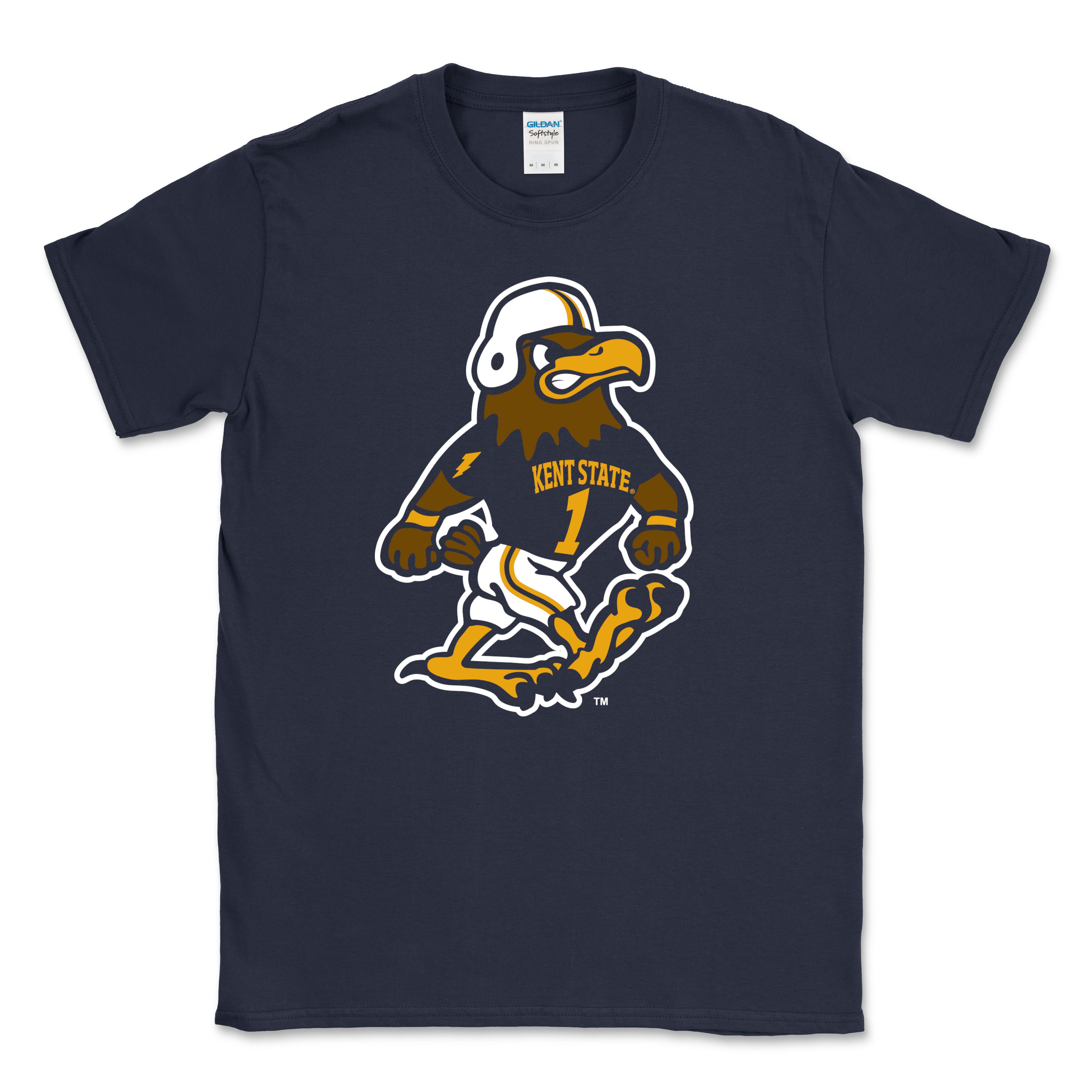 Navy Kent State Fearless Flash Football t-shirt featuring a bold graphic of the Kent State Golden Flashes mascot in football gear, perfect Kent State apparel for fans.