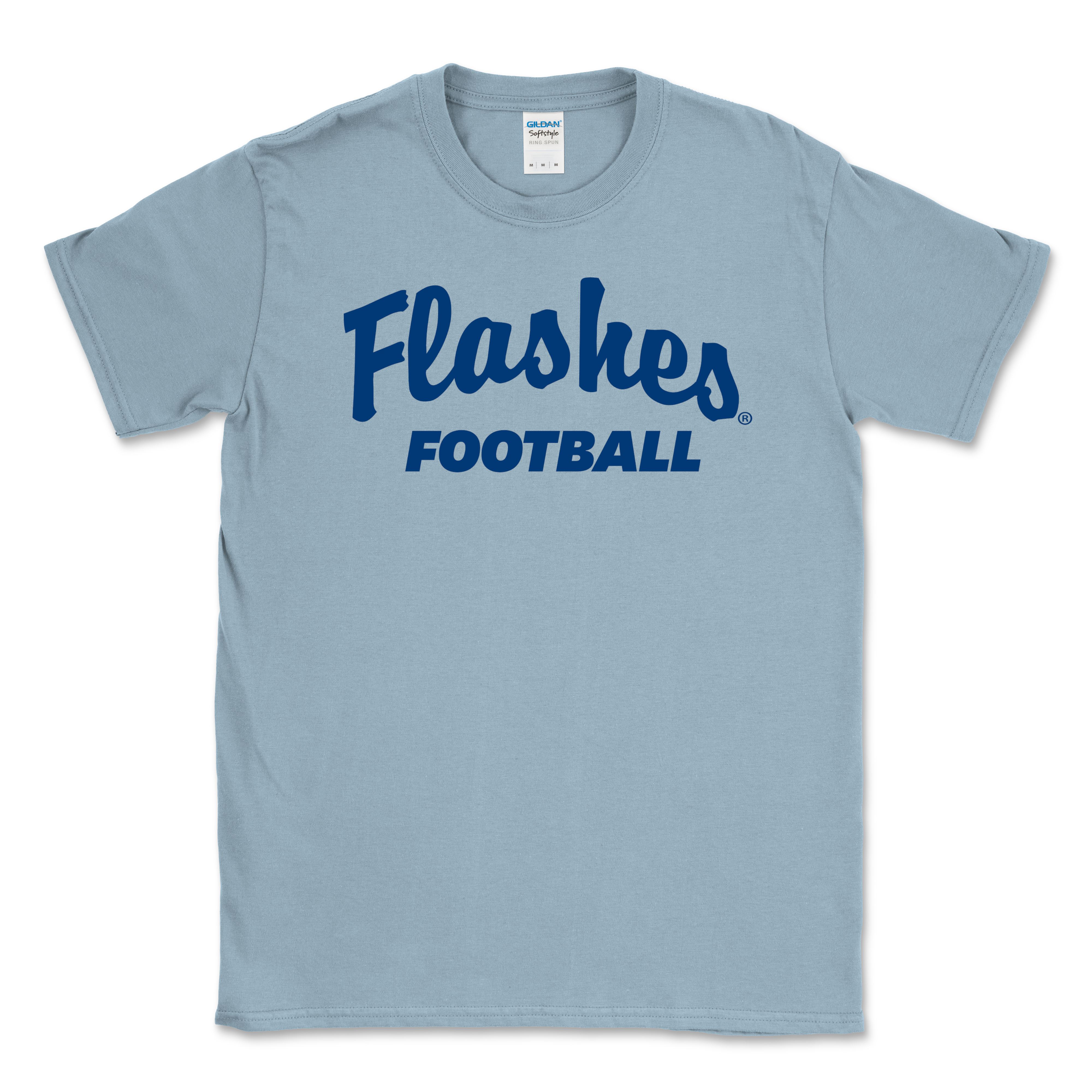 Kent State Football Light Blue Script To-Shirt featuring navy blue "Flashes Football" lettering on a light blue casual cotton tee, representing Kent State apparel.