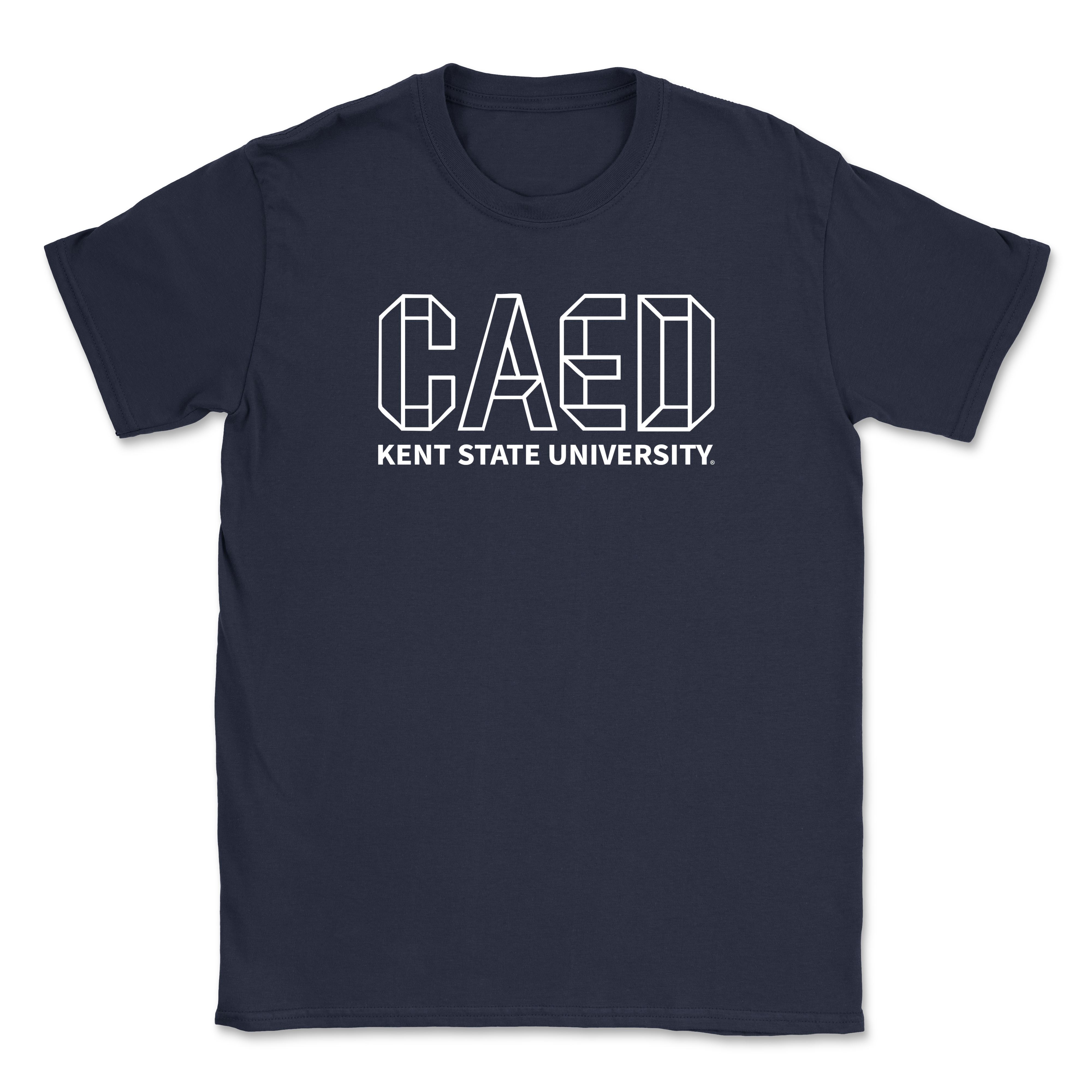 Kent State Navy CAED T-Shirt with geometric CAED letters and Kent State University text, navy blue apparel representing Kent State clothing and university spirit.