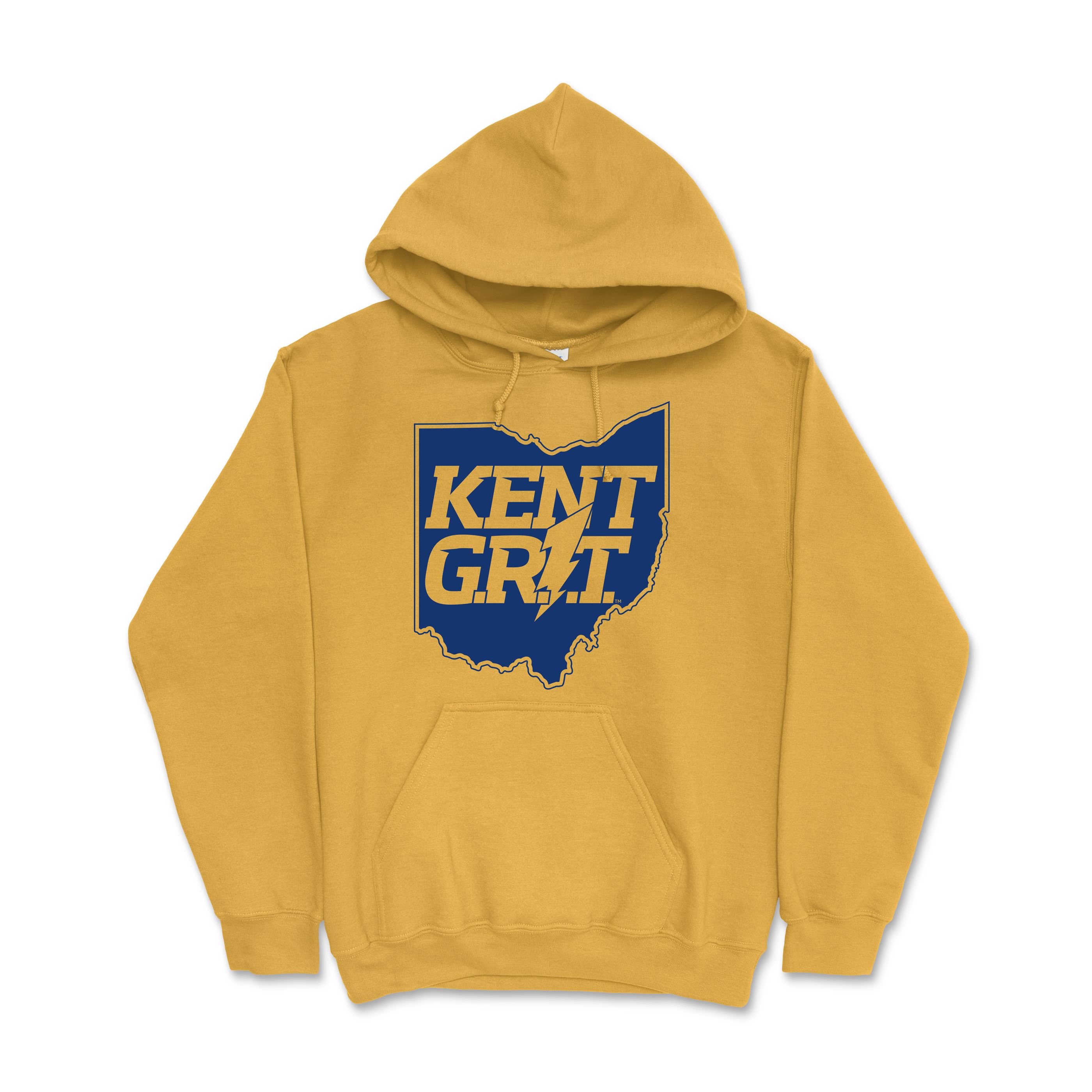 Kent Grit Gold Hoodie with a blue graphic of Ohio state outline and bold "Kent Grit" text, featuring a front pocket and adjustable hood, perfect for Kent State apparel fans.