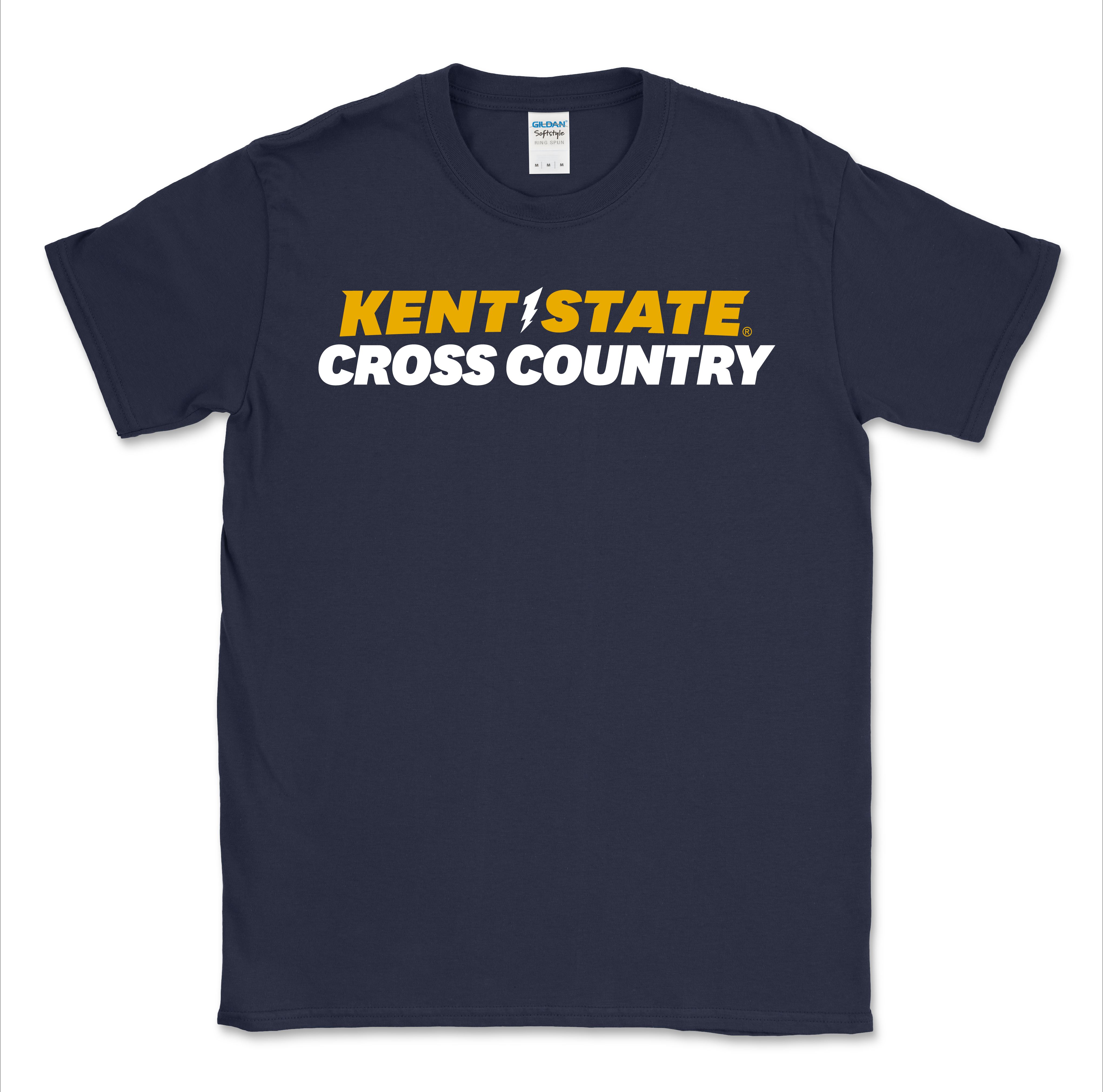 Kent State Navy Cross Country T-Shirt in navy blue with bold yellow and white lettering, featuring Kent State apparel for fans of Kent State University cross country team.