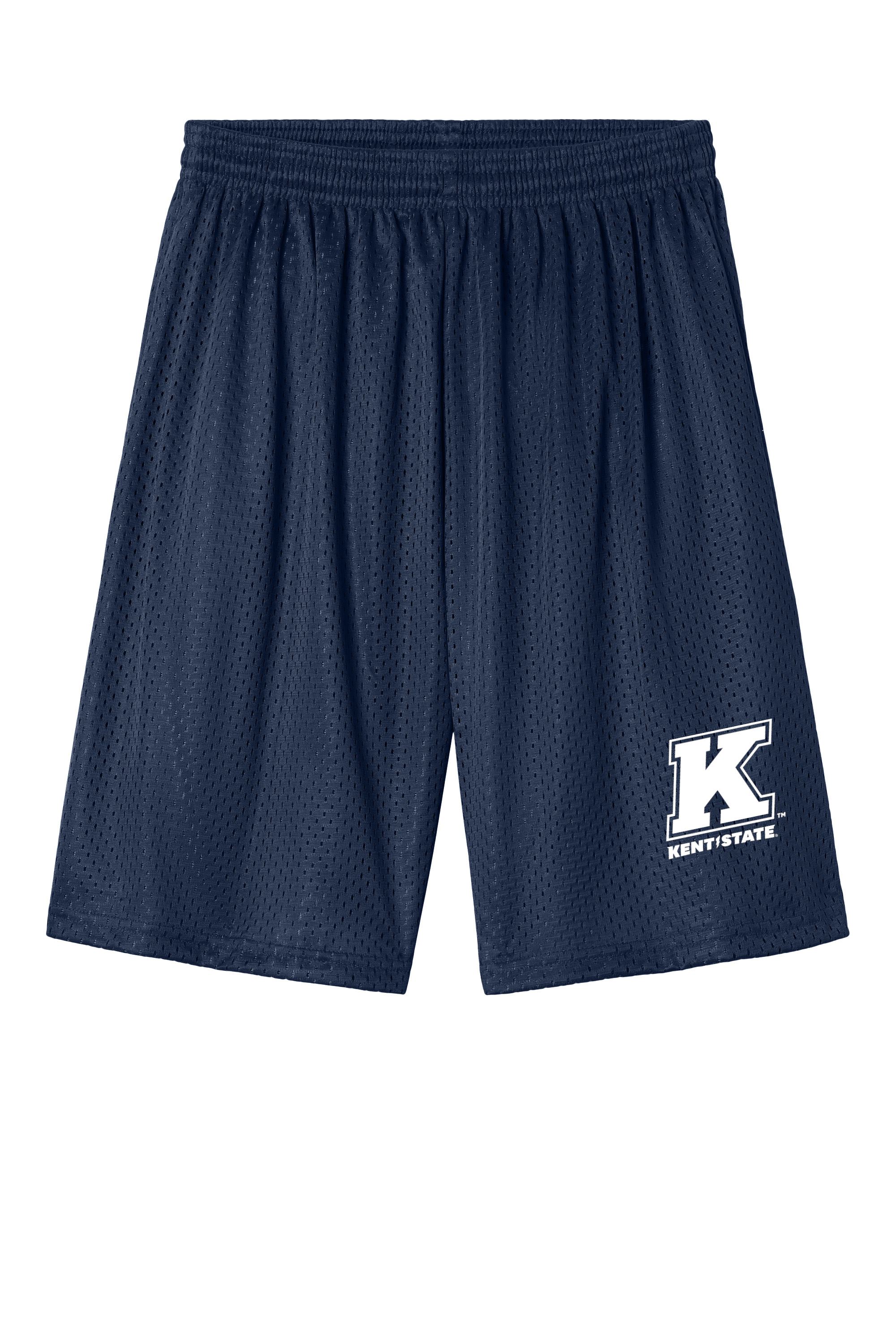 Navy mesh shorts with an elastic waistband featuring a white Kent State logo on the leg, designed as 7in Inseam Mesh Shorts for lightweight athletic wear.
