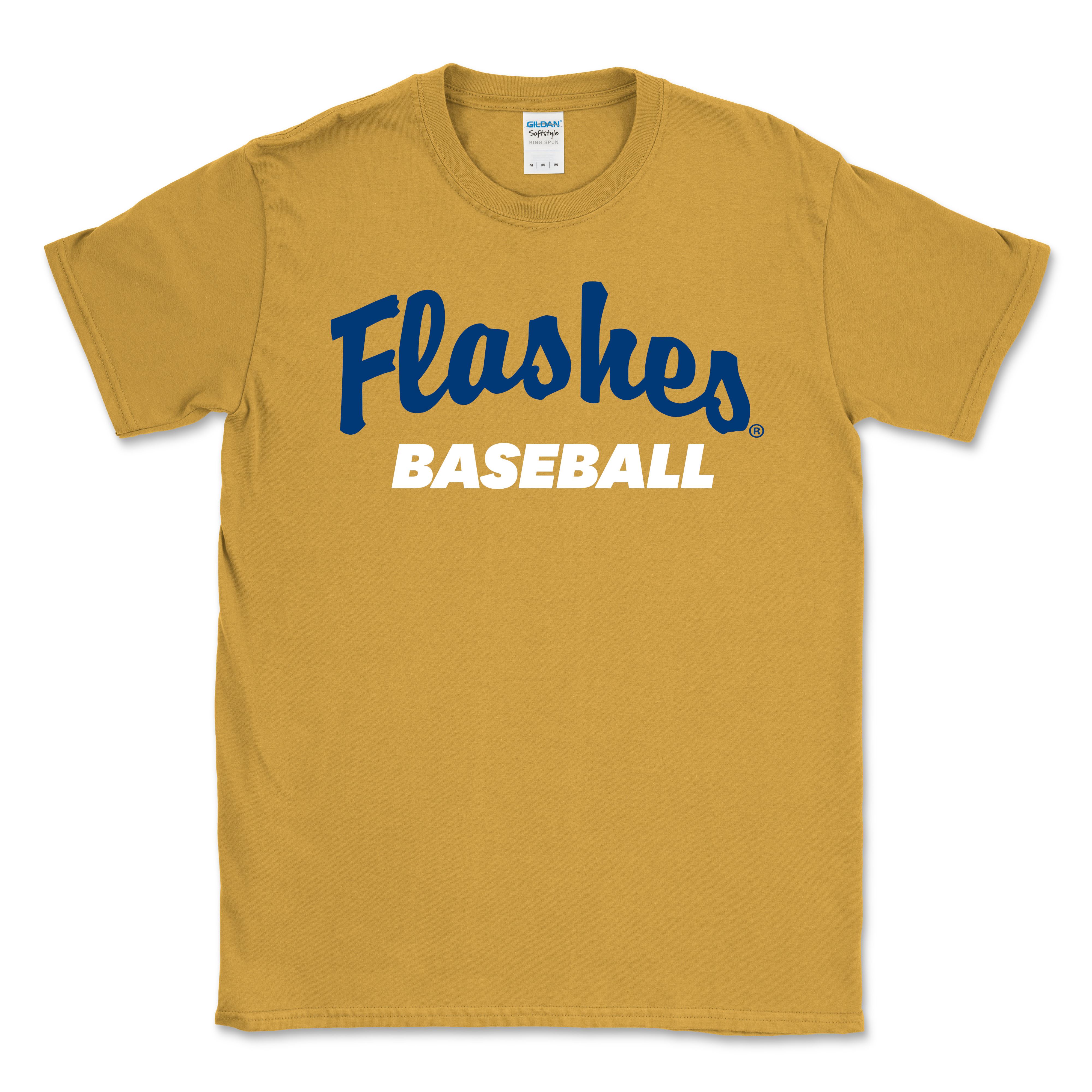 Kent State Flashes Gold T-Shirt With Baseball in golden yellow featuring navy blue "Flashes" and white "BASEBALL" text, casual cotton apparel for Kent State University fans.