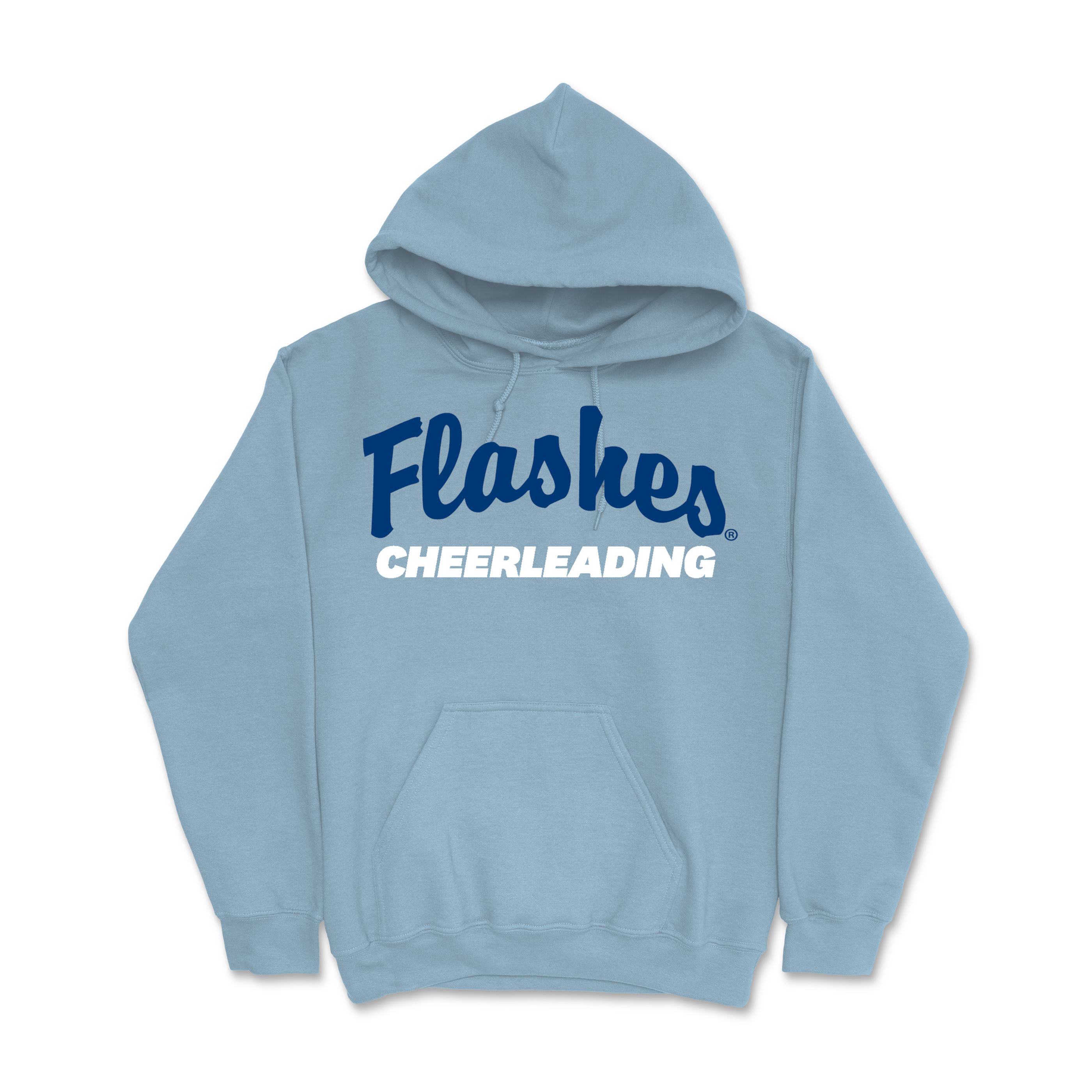 Kent State Light Blue Cheerleading Hoodie featuring "Flashes Cheerleading" text in navy and white on the front, with a front pocket and adjustable hood.