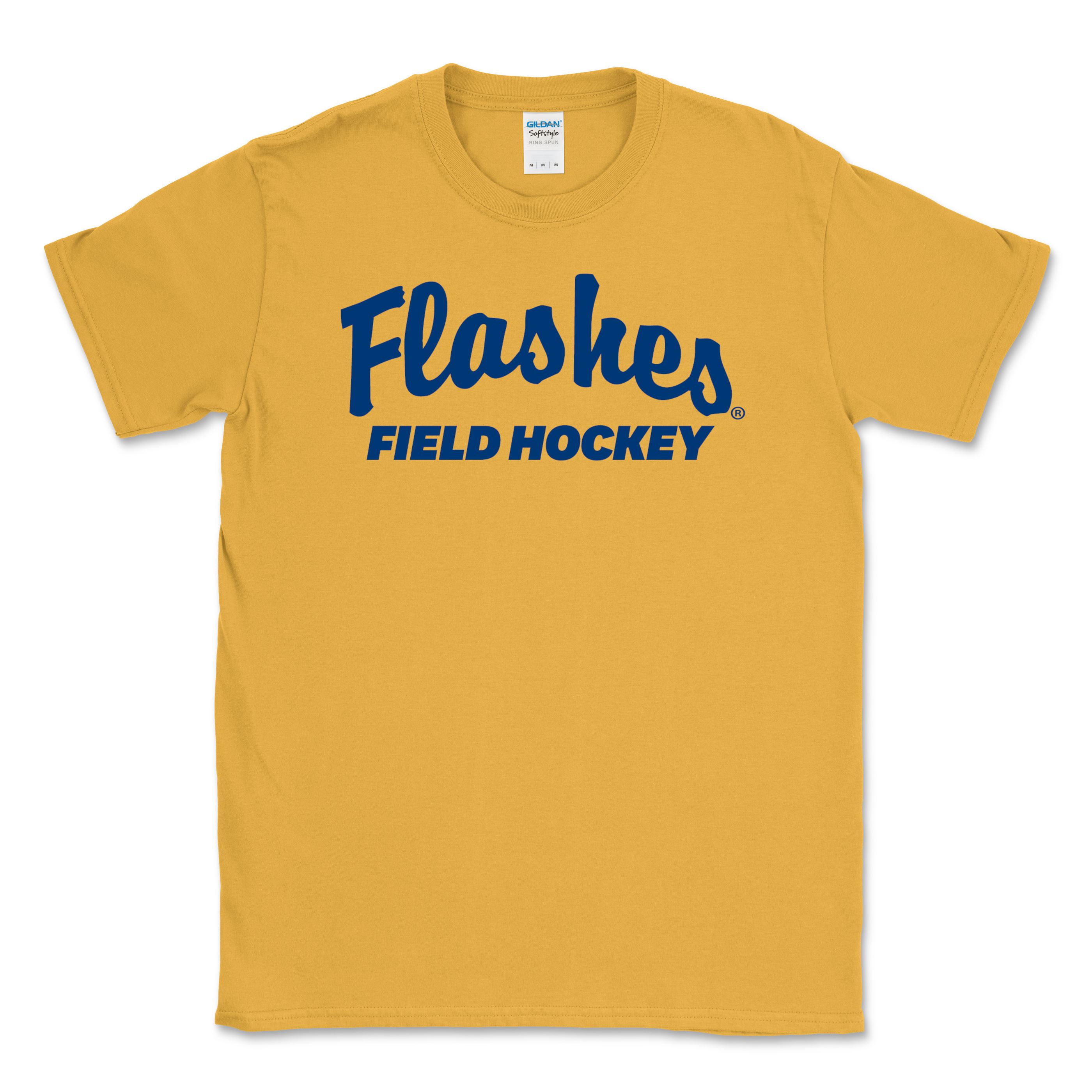 Golden yellow Field Hockey Flashes Script T-Shirts with bold navy blue "Flashes" and "FIELD HOCKEY" lettering, casual short-sleeve Kent State apparel for sports fans.
