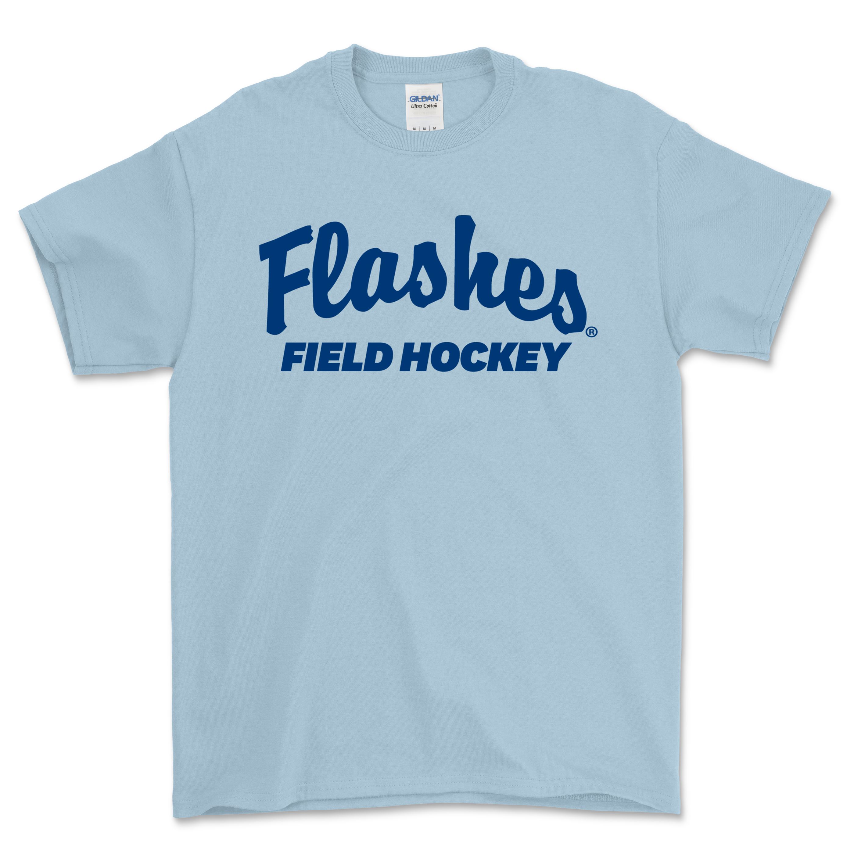 Kent State Light Blue Field Hockey T-Shirt featuring navy blue "Flashes Field Hockey" text on a soft light blue fabric, perfect for showing school spirit and support.