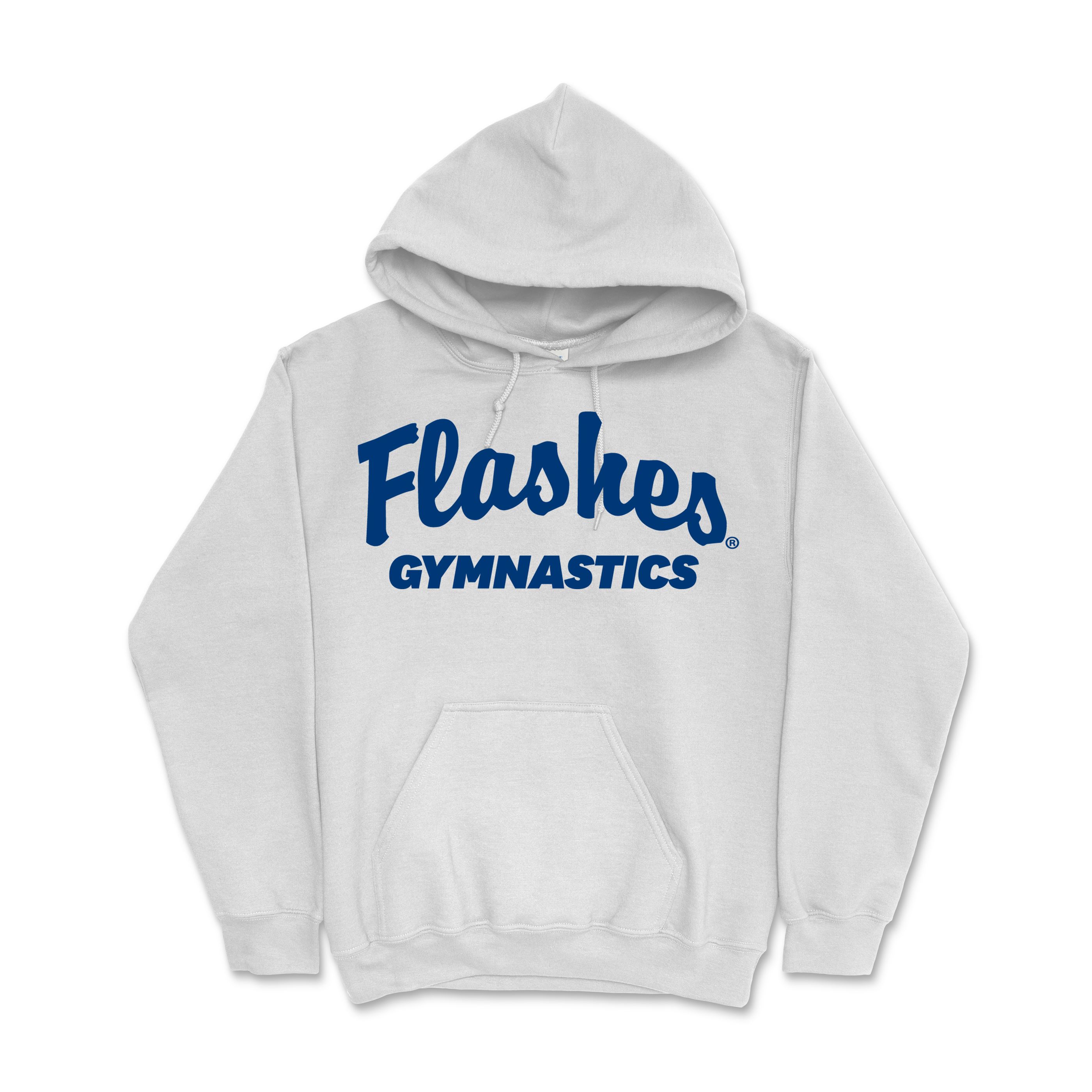 Kent State Gymnastics White Script Flashes Hoodie featuring blue lettering on a white background, styled with a front pocket and adjustable hood, perfect for Kent State apparel fans.
