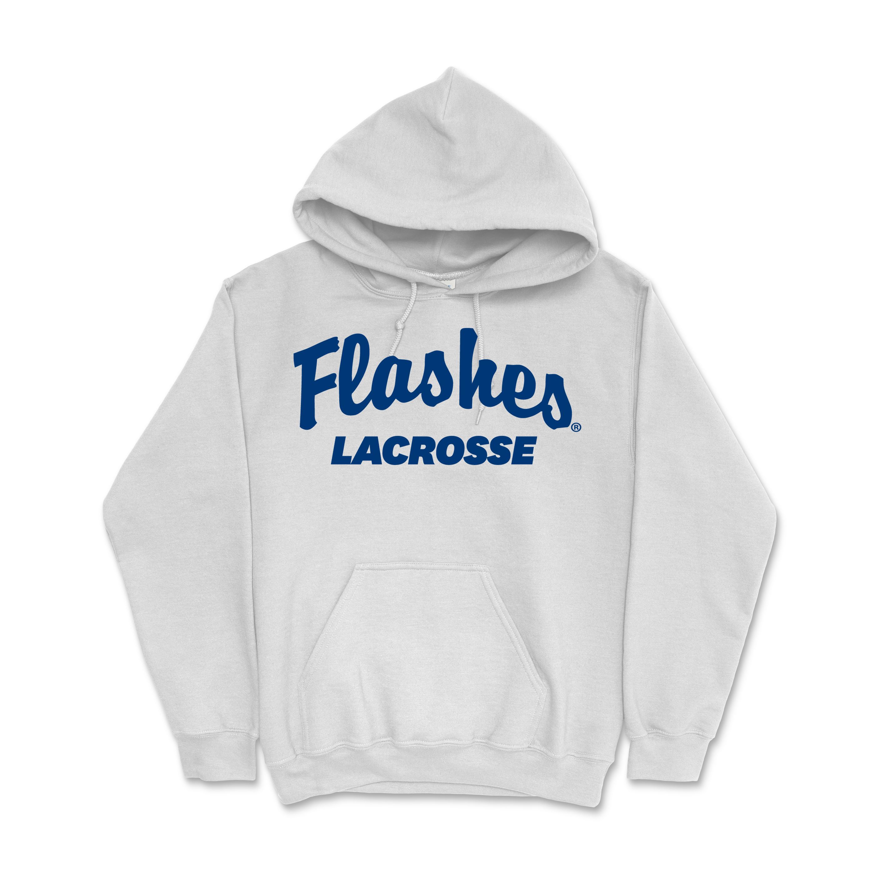Kent State Lacrosse White Script Flashes Hoodie with navy blue lettering, featuring a front pouch pocket and adjustable drawstring hood, perfect for Kent State apparel fans.