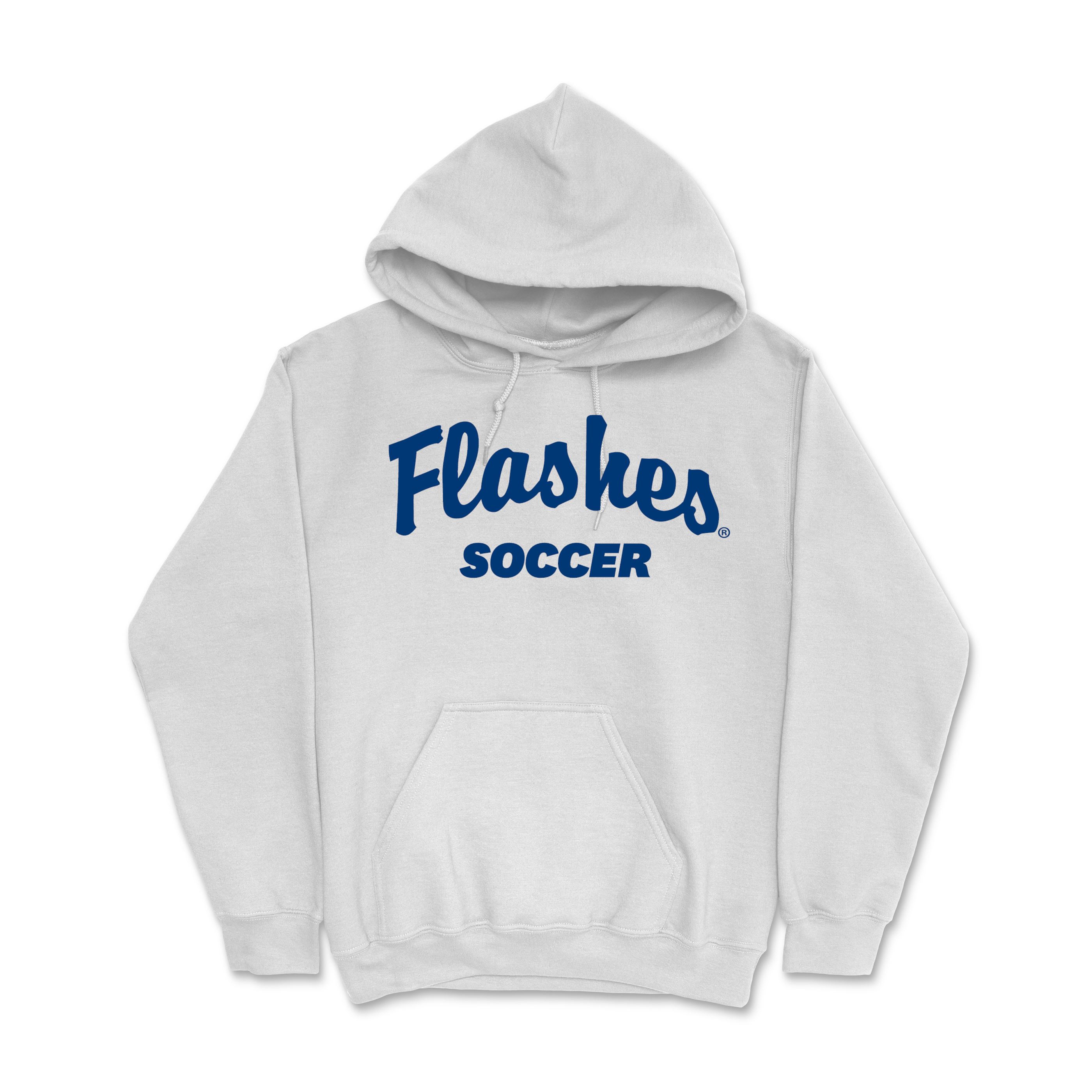 White hooded sweatshirt featuring bold navy blue "Flashes" script and "SOCCER" text, representing Kent State Flashes Script With Soccer Hood apparel.