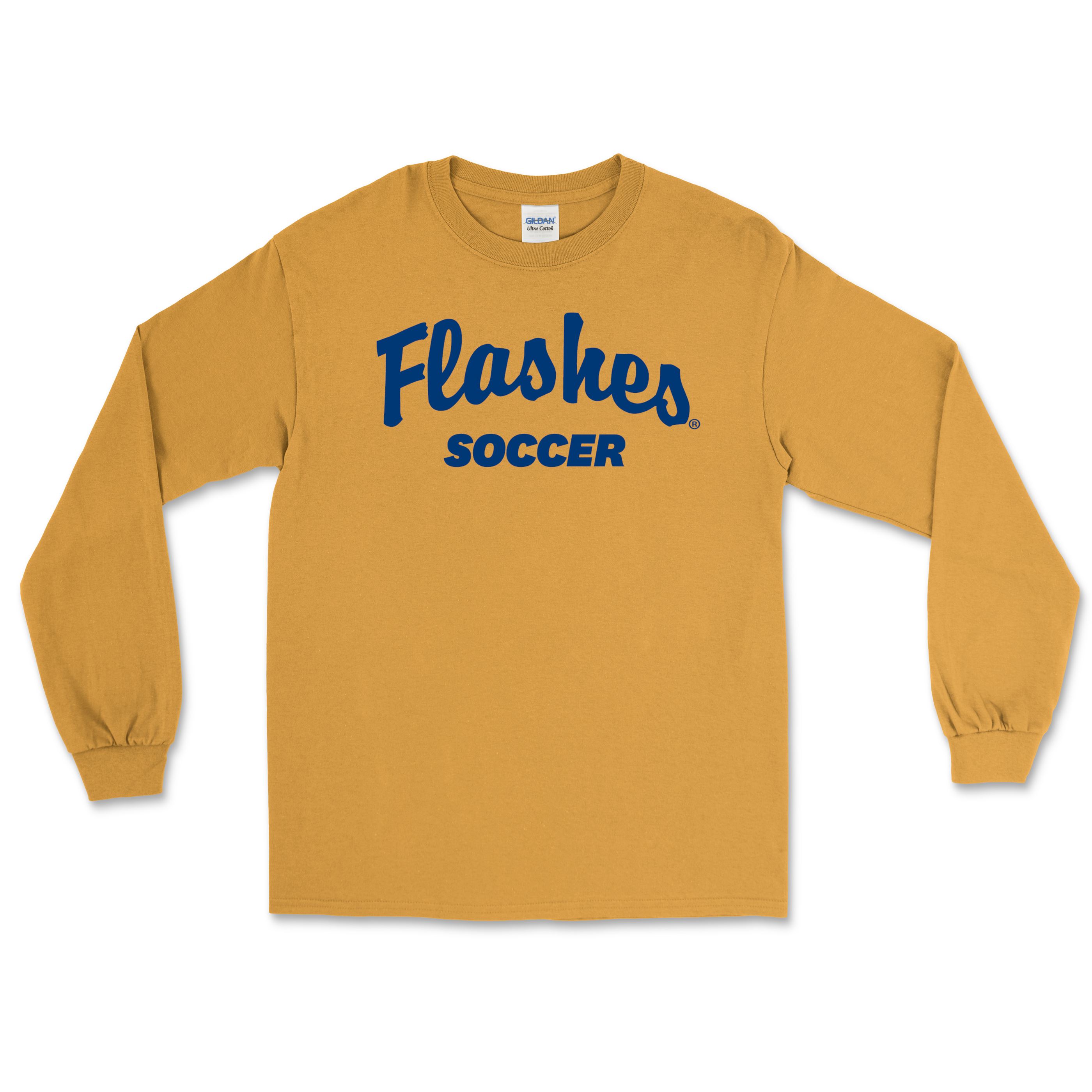 Kent State Flashes Script With Soccer Long Sleeve shirt in golden yellow featuring navy blue text "Flashes Soccer" across the chest, comfortable casual Kent State apparel.