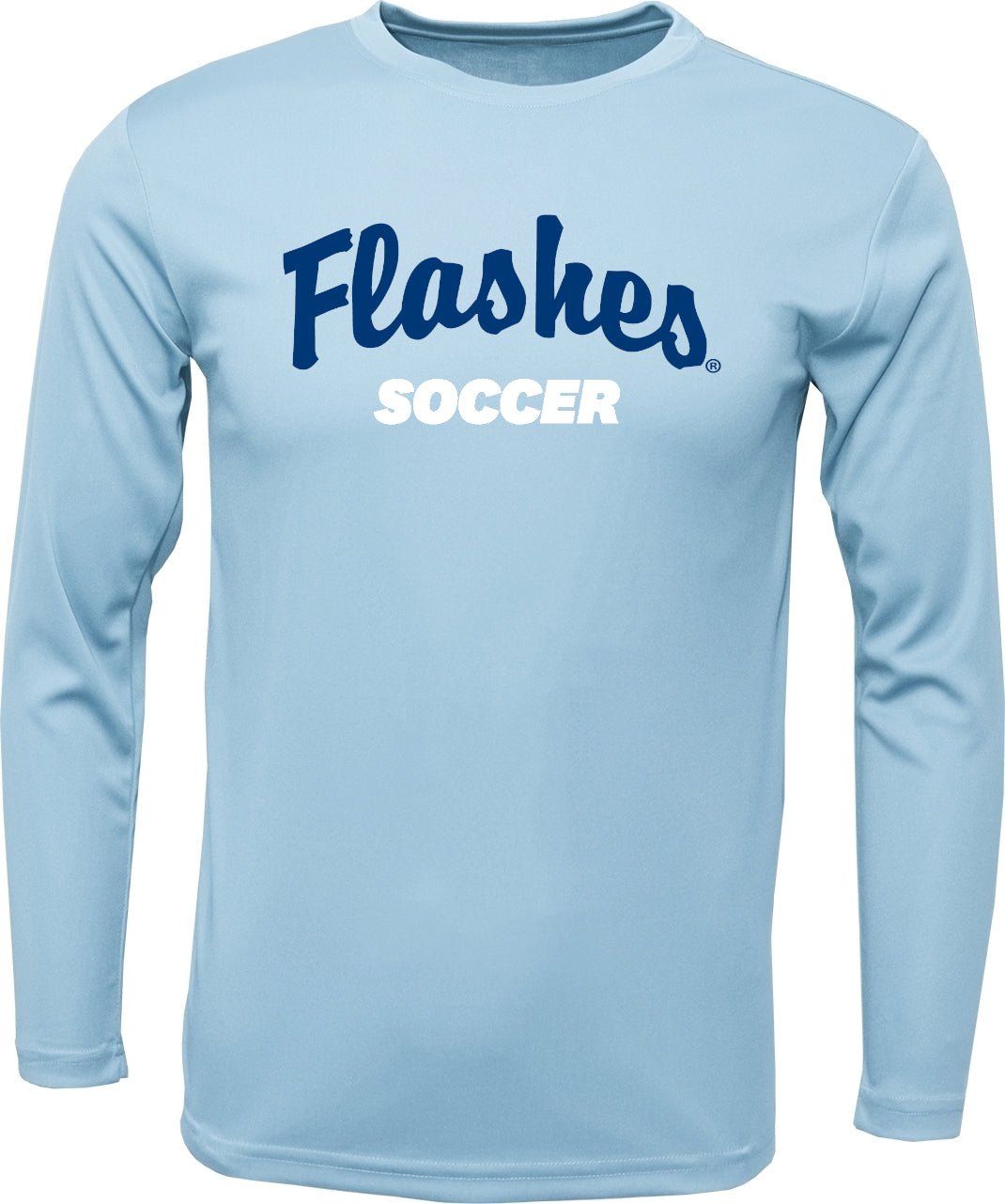 Kent State Dri-Style Light Blue Soccer Longsleeve featuring "Flashes Soccer" text in navy and white, breathable athletic apparel for Kent State University fans and players.