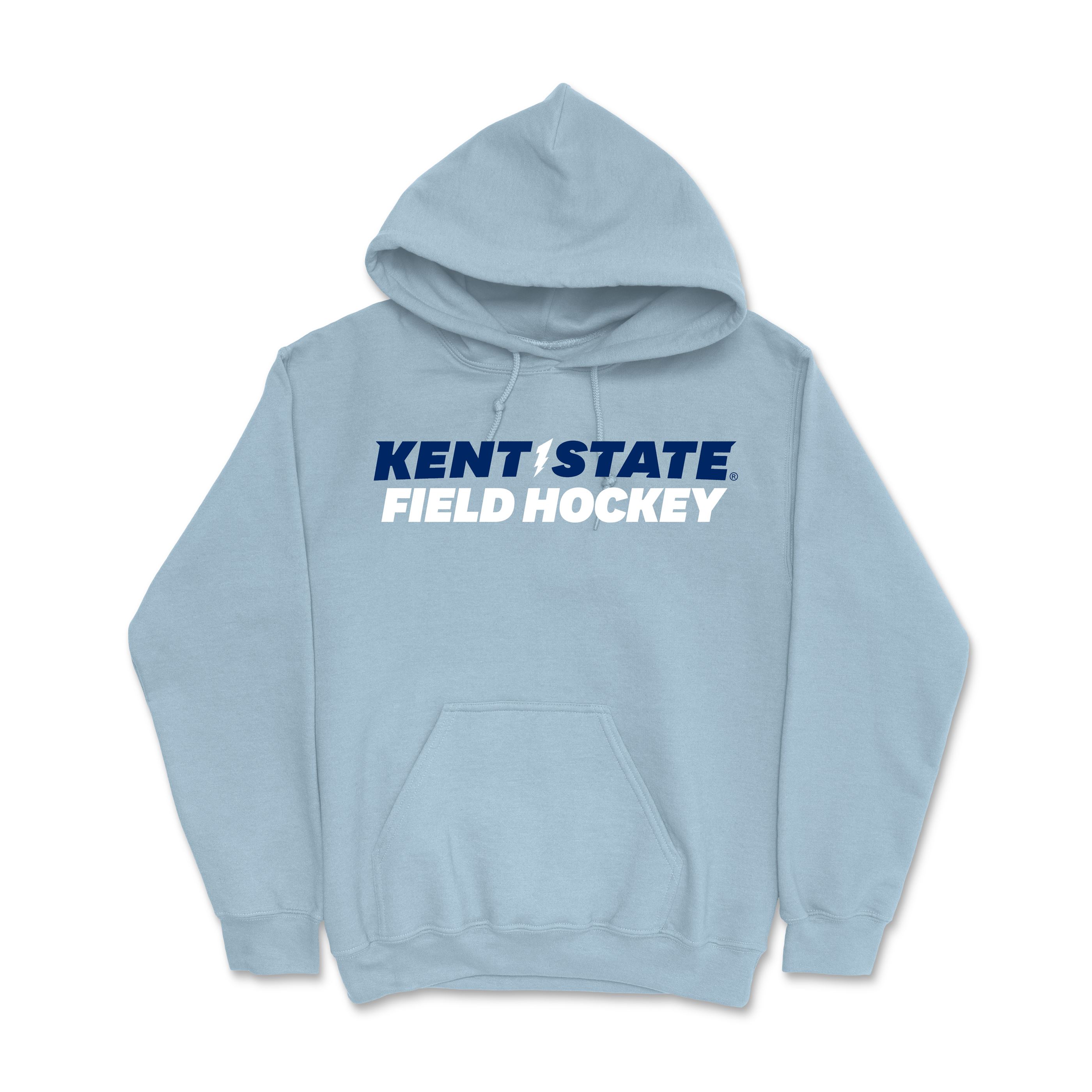Light blue hooded sweatshirt with front pocket featuring bold navy and white text reading Kent State Light Blue Field Hockey Hood, representing Kent State apparel.