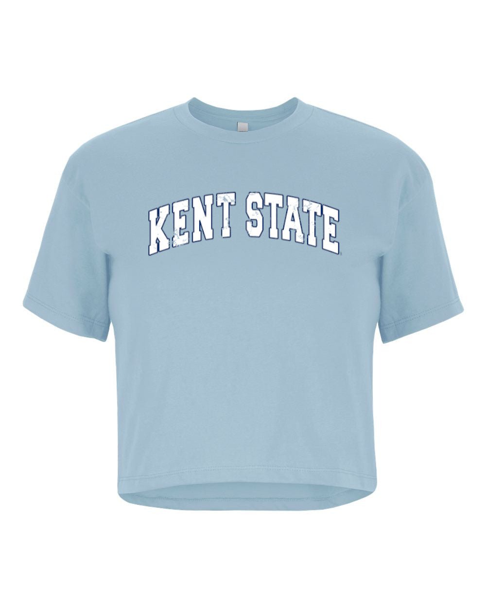 Kent State Arched Design Light Blue Crop Top featuring a soft light blue fabric with white arched "Kent State" lettering, perfect Kent State apparel for casual wear.