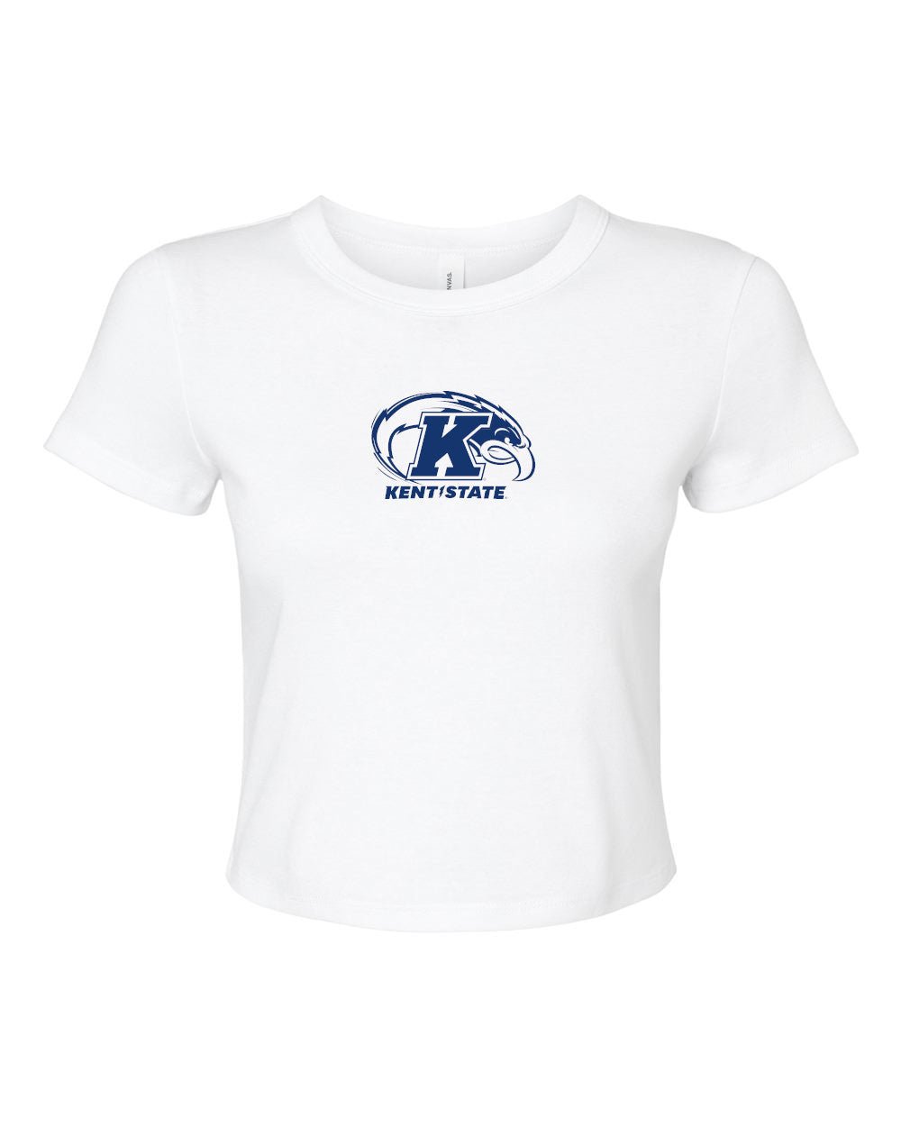 Kent State Eagle Logo White Women's Baby Tee featuring a cropped white design with a navy blue Kent State eagle emblem and lettering on the front.