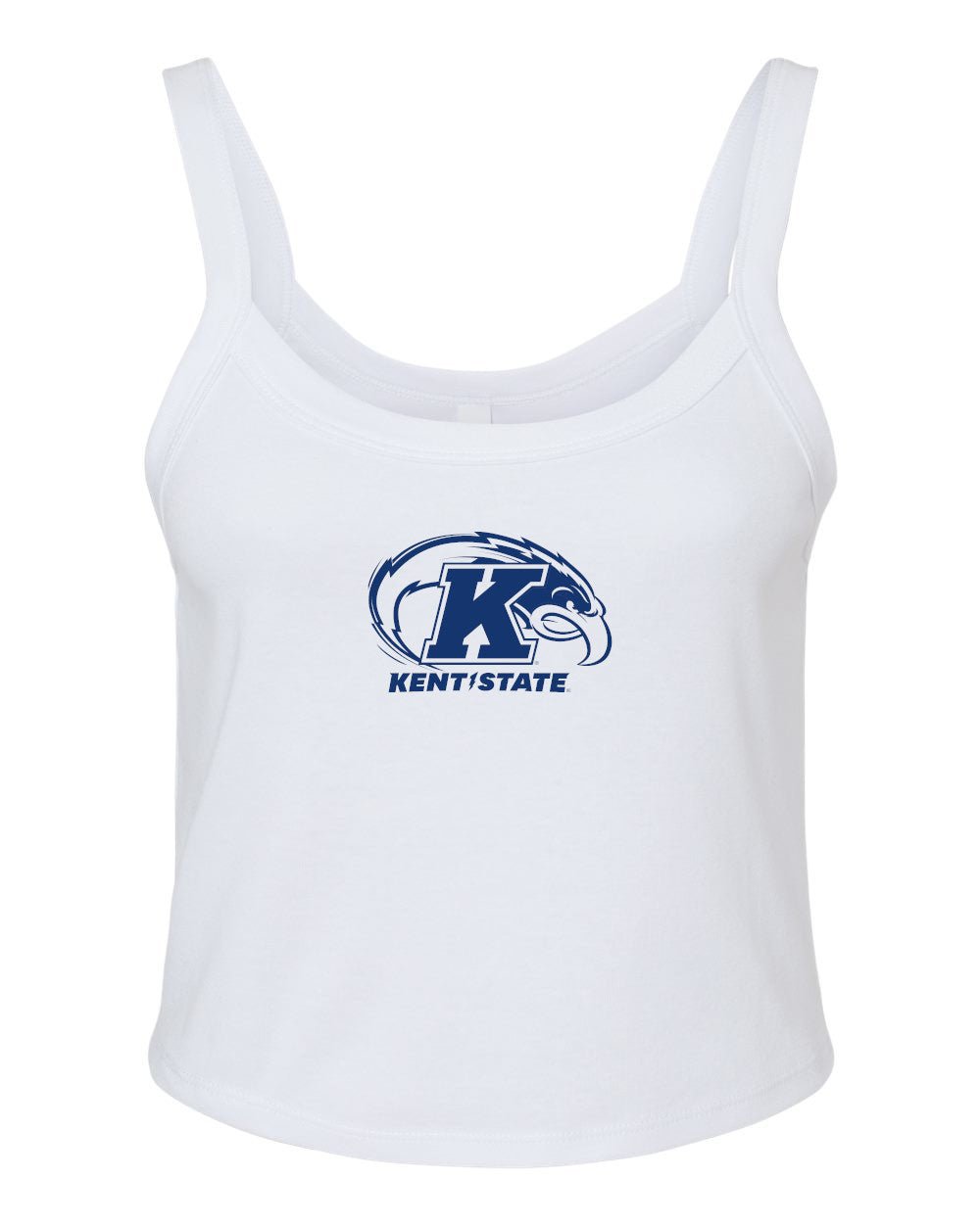 Kent State Eagle Logo White Strap Tank featuring navy blue Kent State eagle emblem and text, casual sleeveless apparel ideal for Kent State University fans.