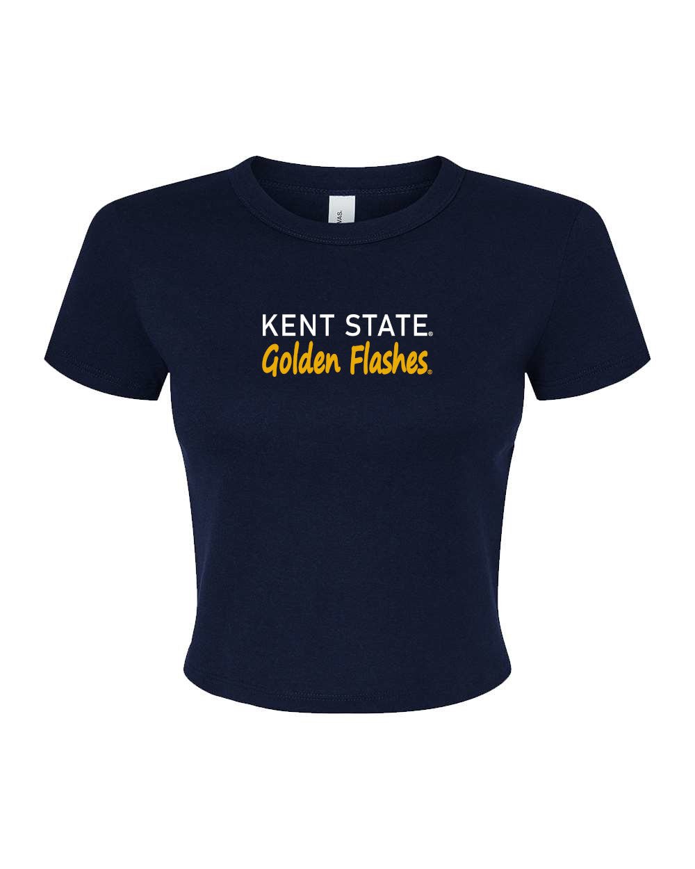 Kent State Golden Flashes Navy Women's Baby Tee with short sleeves and a fitted cropped style featuring white and yellow text logo on the front.