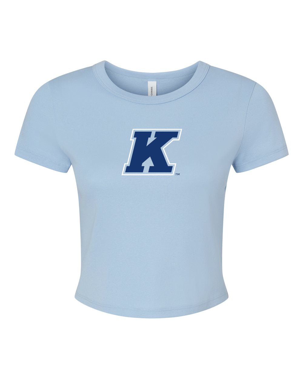 Kent State K Logo Light Blue Women's Baby Tee featuring a classic navy blue "K" emblem on a soft light blue cropped short sleeve shirt, ideal for Kent State apparel fans.