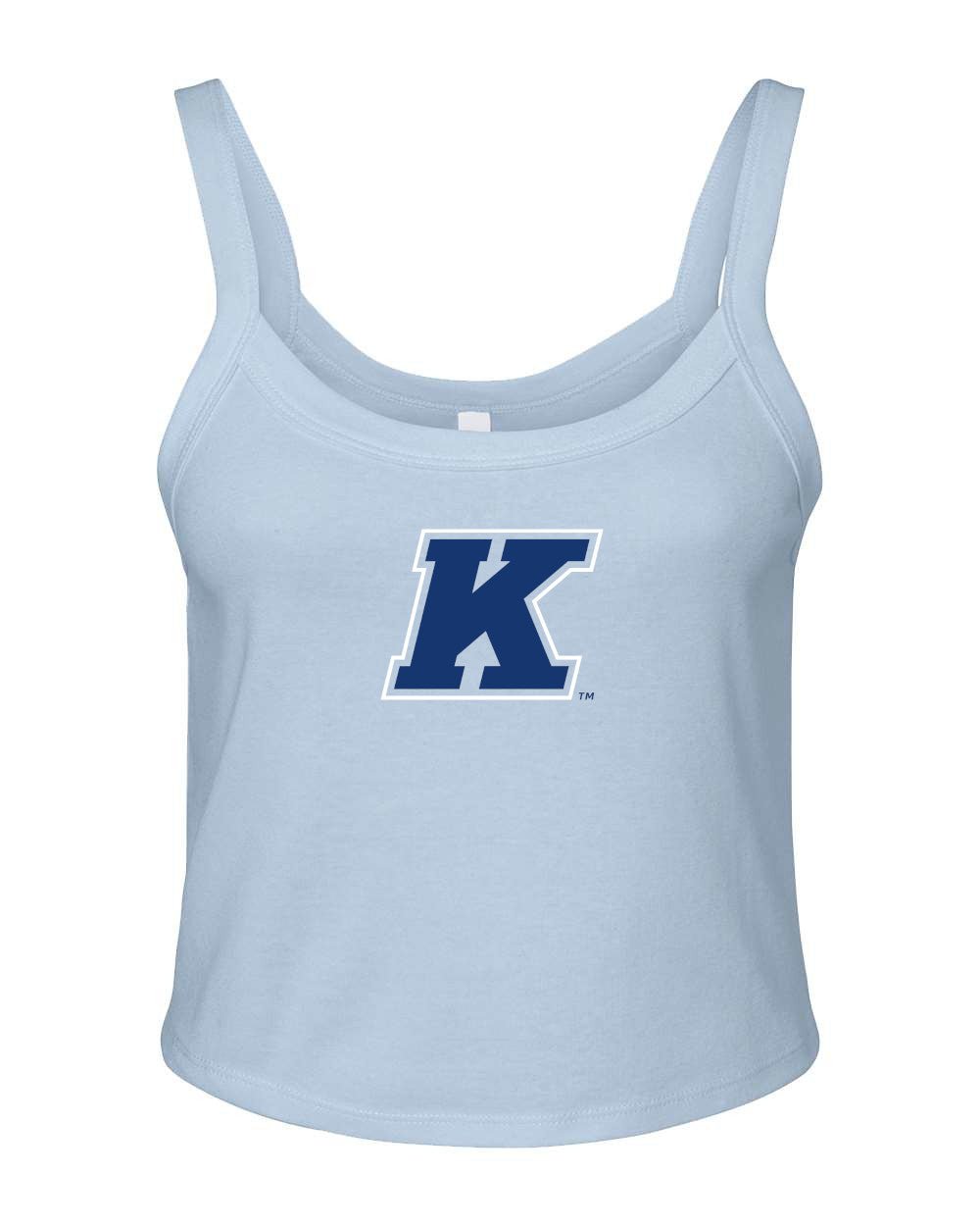 Light blue tank top with a large navy blue Kent State K logo on the front, featuring wide straps and a relaxed fit, perfect Kent State apparel for warm weather.