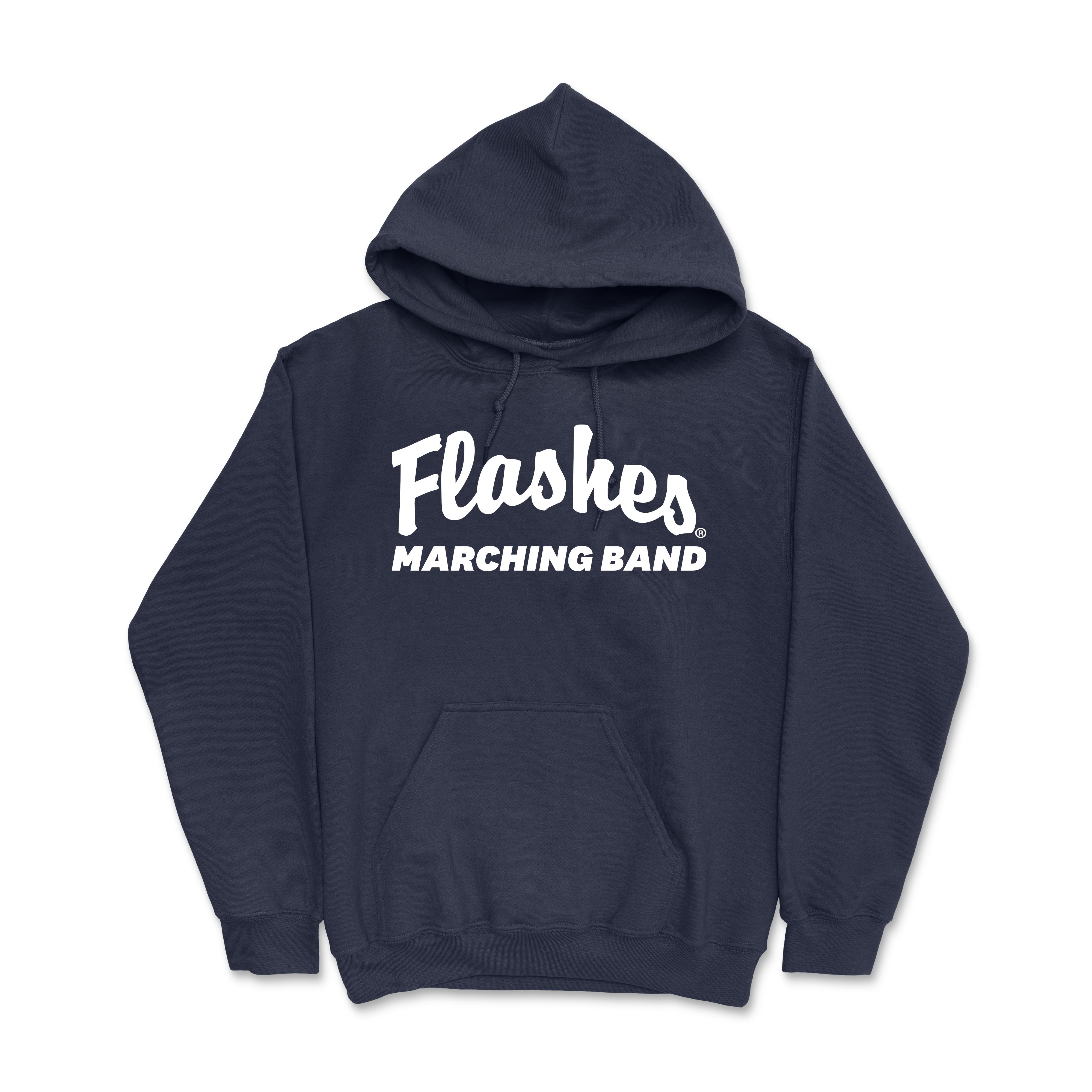Navy hooded sweatshirt with "Flashes MARCHING BAND" printed in white, featuring a front pocket and drawstring hood, Kent State Marching Band Script Flashes Hood.
