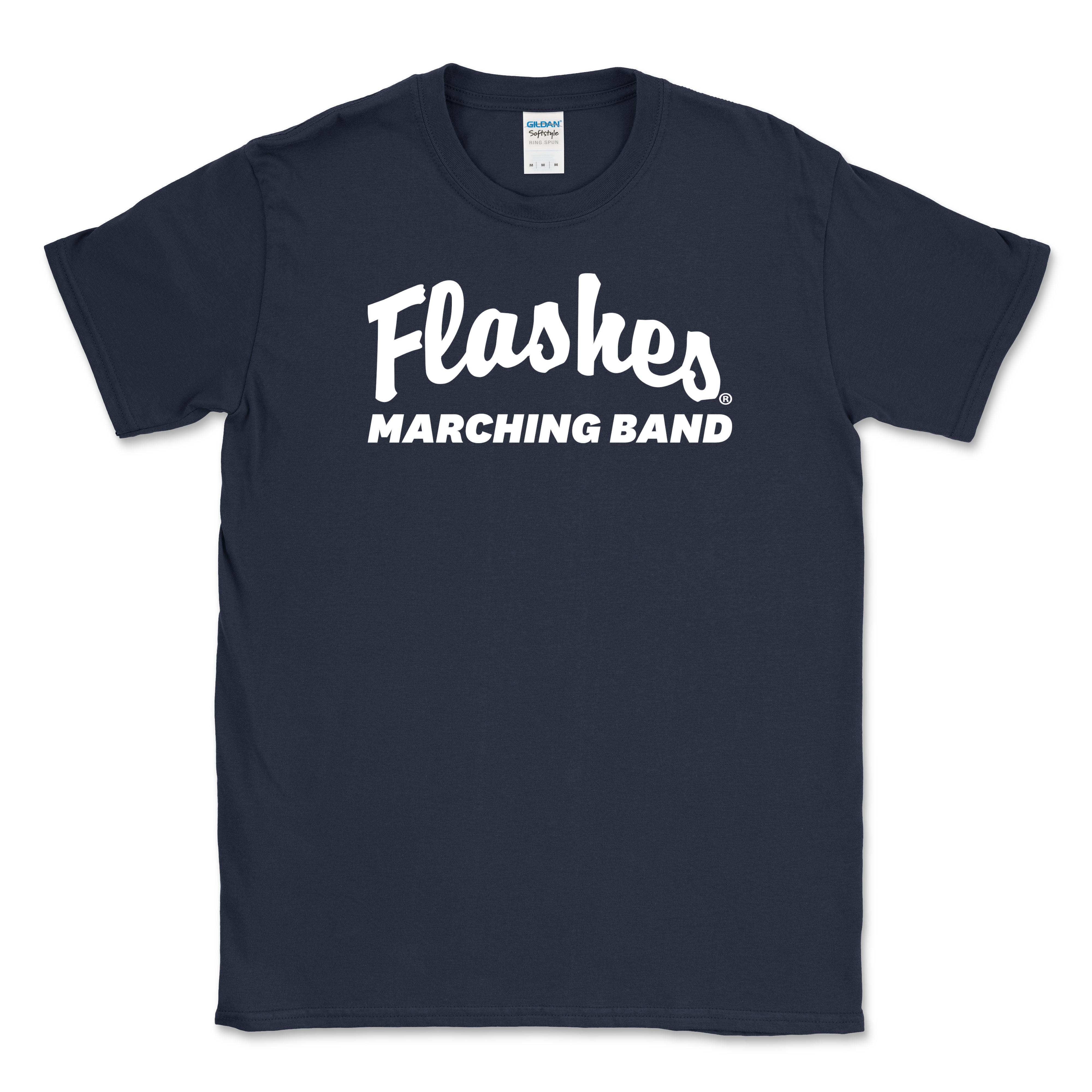 Kent State Marching Band Script Flashes T-Shirt in navy blue with white text reading "Flashes Marching Band" on front, featuring a classic crew neck and short sleeves.