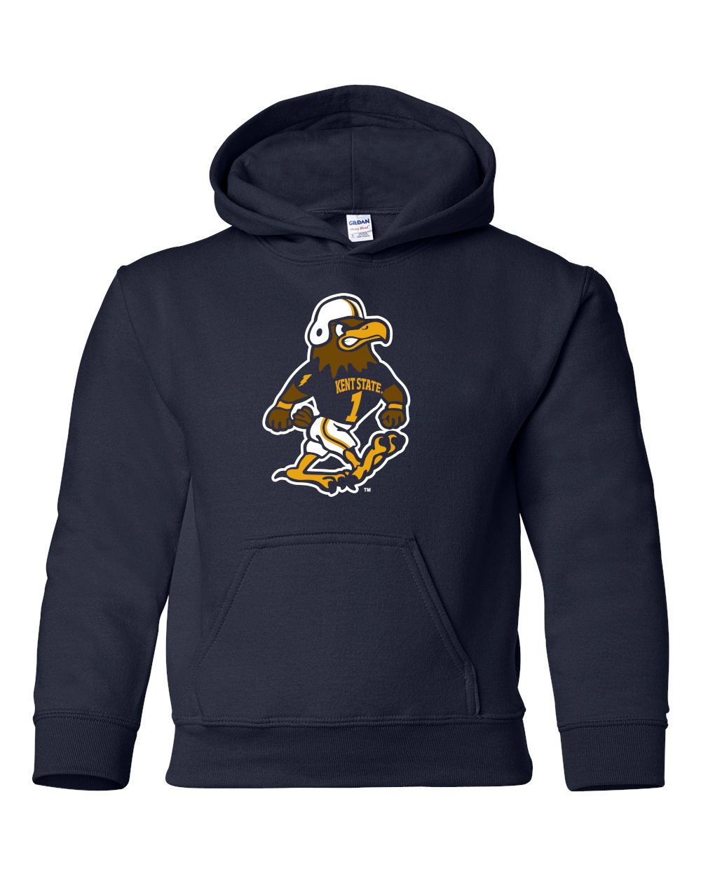 Youth Fearless Flash Football Hoodie in navy blue featuring a graphic of the Kent State Golden Flashes mascot wearing a football helmet, perfect for Kent State apparel fans.