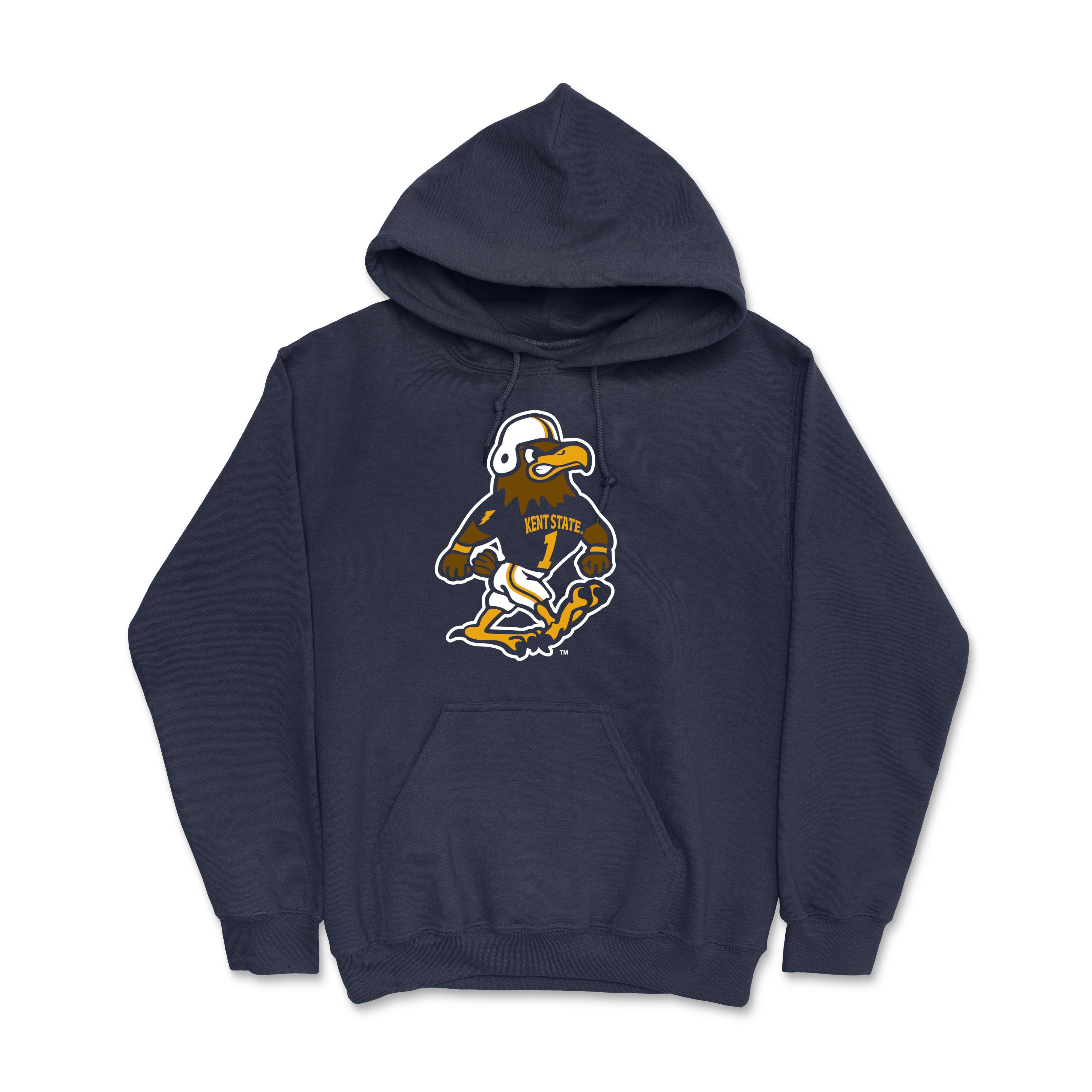 Navy Fearless Flash Football Hoodie featuring a graphic of a bird mascot wearing a football helmet and jersey with Kent State University branding.