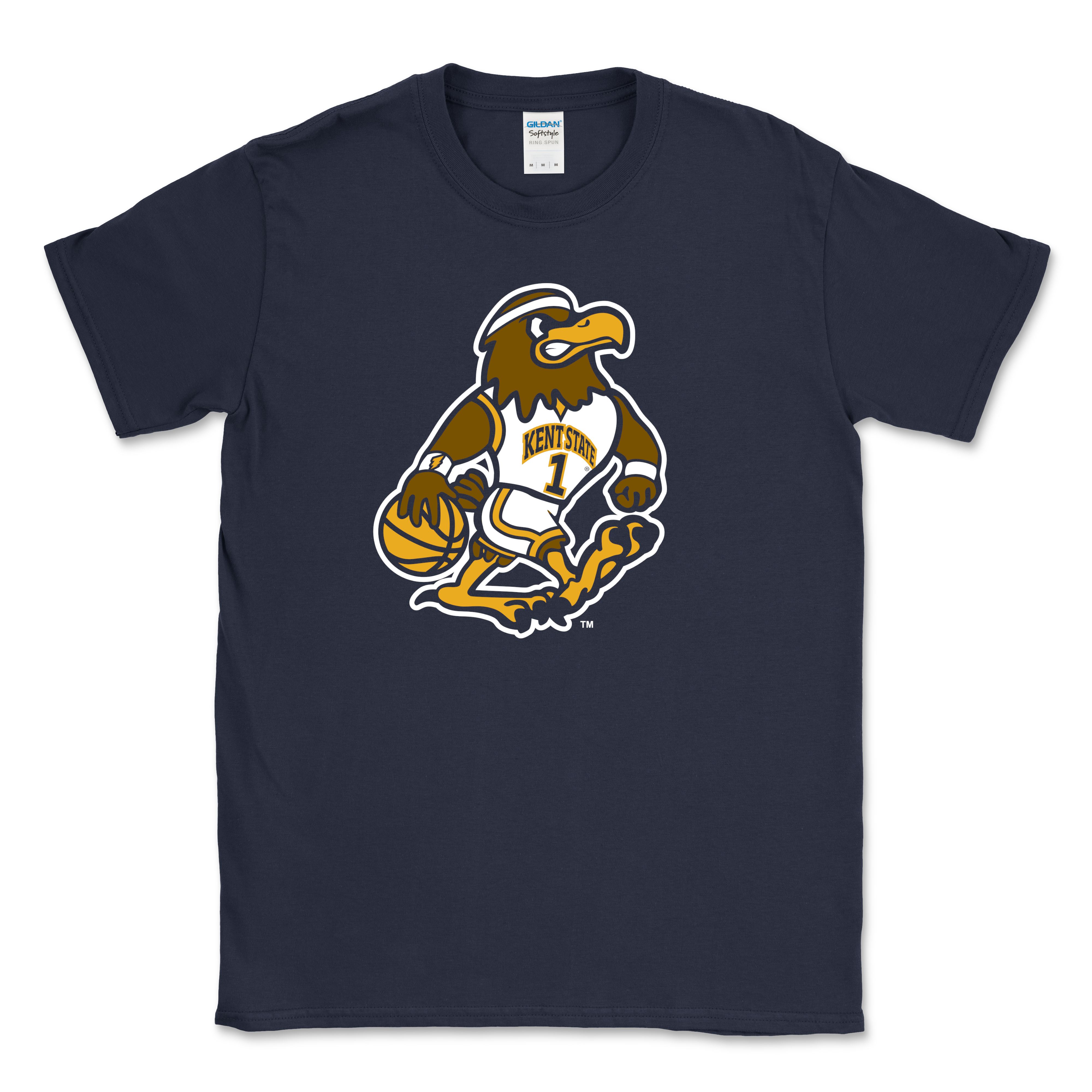 Fearless Flash Basketball T-Shirt in navy featuring the Kent State Golden Flashes mascot dribbling a basketball, made by Kent Sportswear.