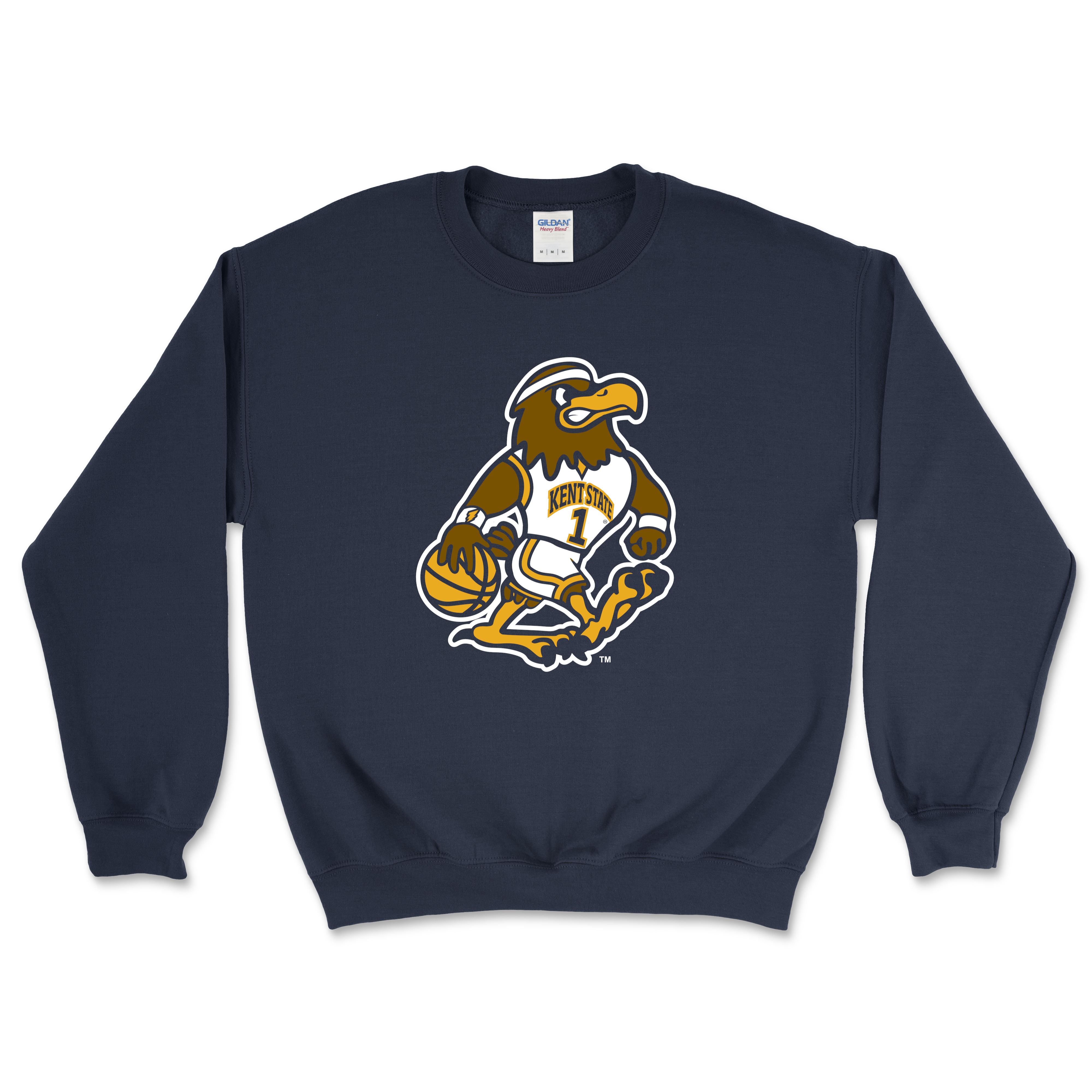 Navy blue Kent State Fearless Flash Basketball Sweatshirt featuring the Golden Flashes mascot dribbling a basketball, a comfortable Kent State apparel piece.