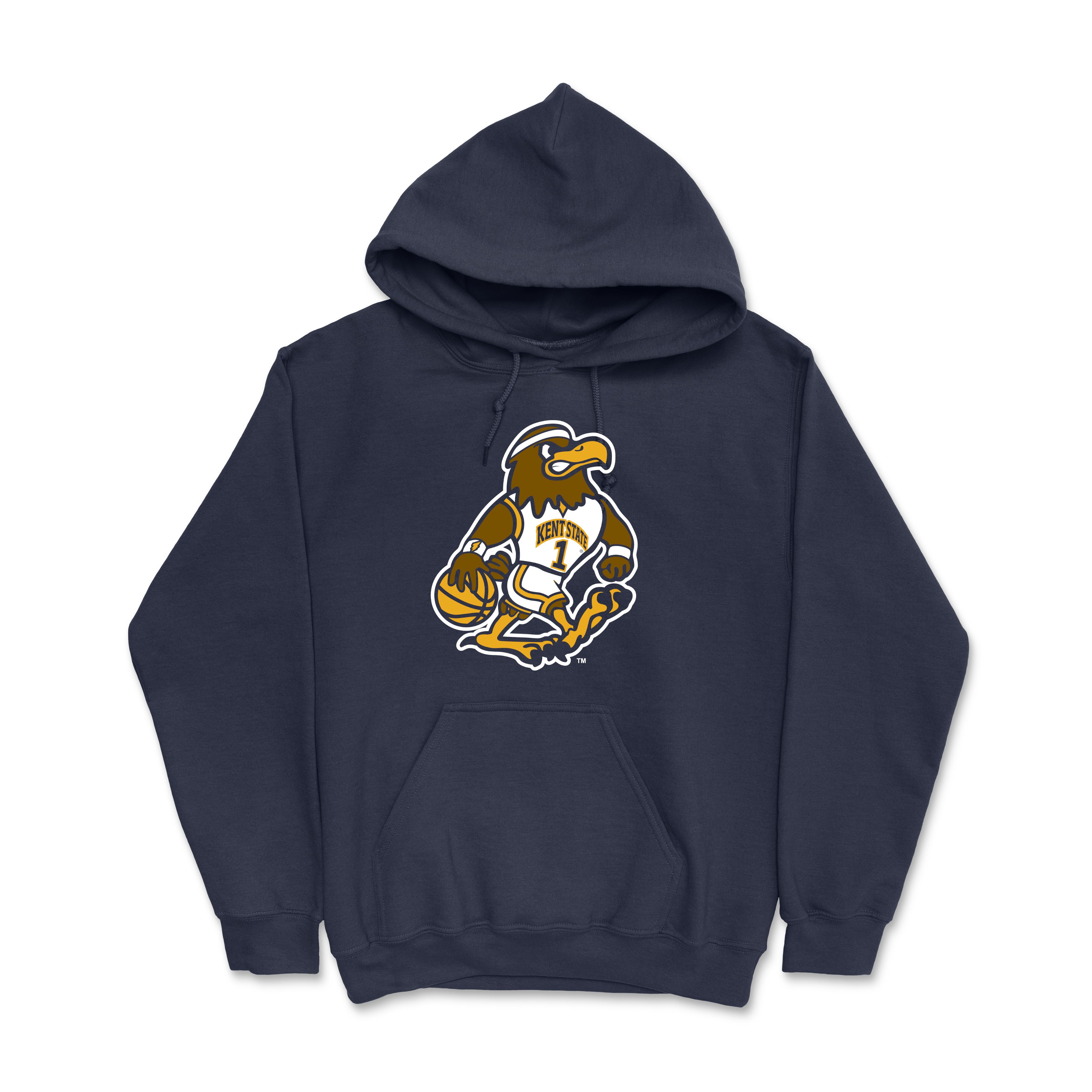 Navy Fearless Flash Basketball Hood featuring a classic Kent State Golden Flashes mascot graphic on the front, designed for comfortable casual apparel and Kent State fans.
