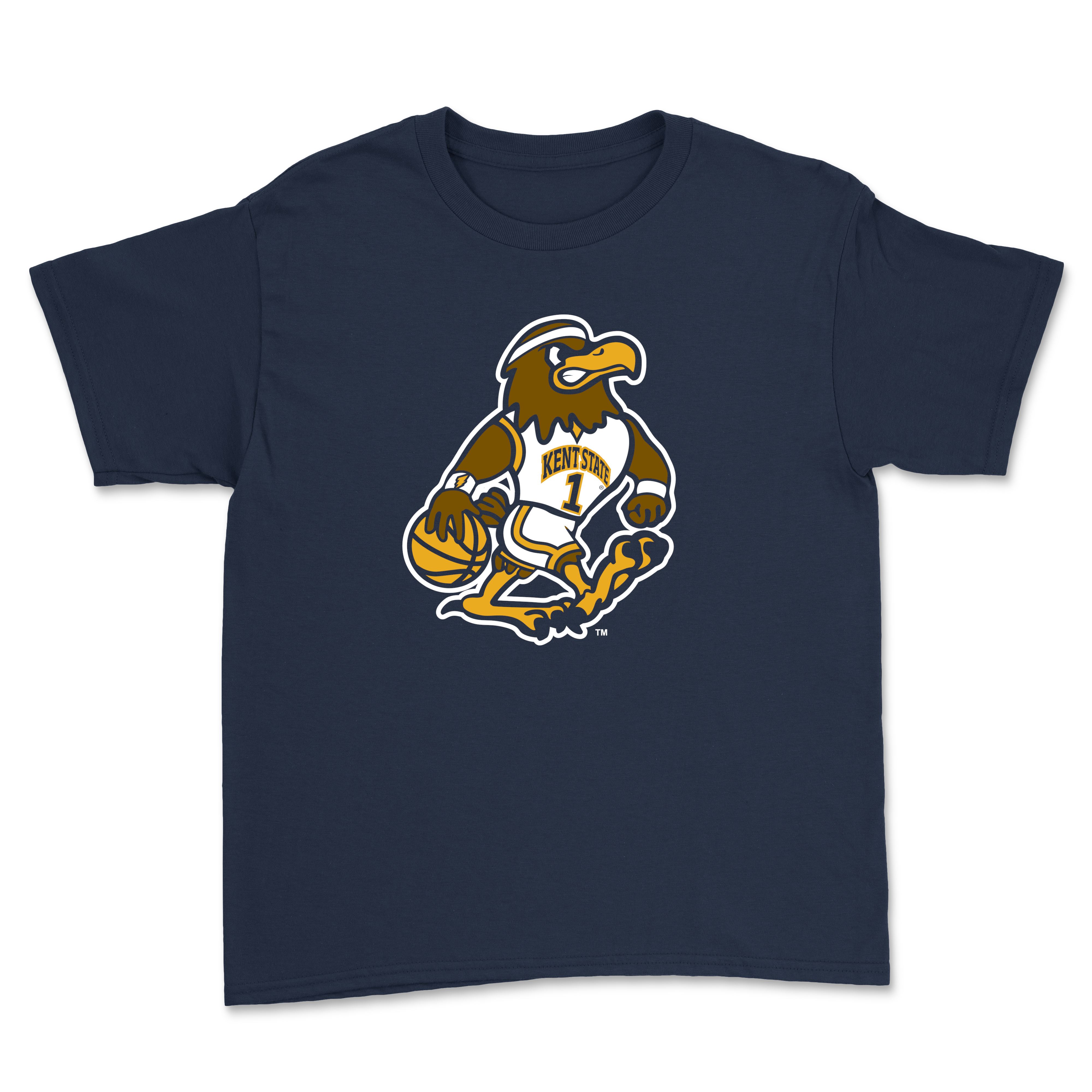 Youth Fearless Flash Basketball T-Shirt in navy blue featuring a graphic of a basketball-playing golden eagle wearing a Kent State jersey.