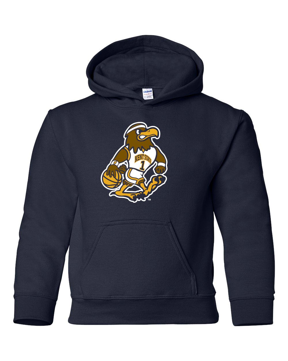 Youth Fearless Flash Basketball Hood features a navy design with a Kent State Golden Flashes mascot holding a basketball on the front, perfect for Kent State apparel fans.