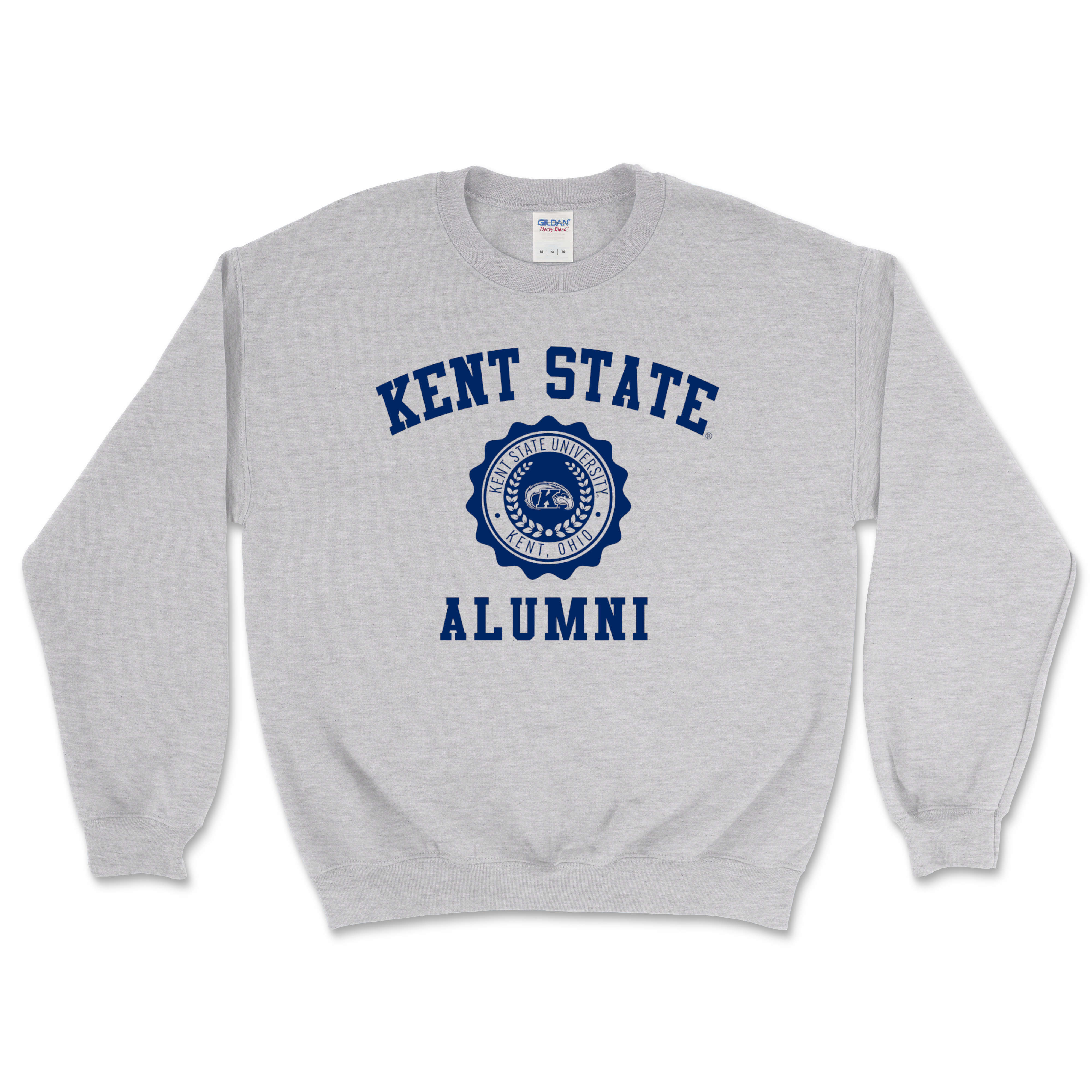 Kent State Alumni With Crest Sweatshirt in light gray featuring navy blue university crest and text, cozy cotton blend for comfortable Kent State apparel.