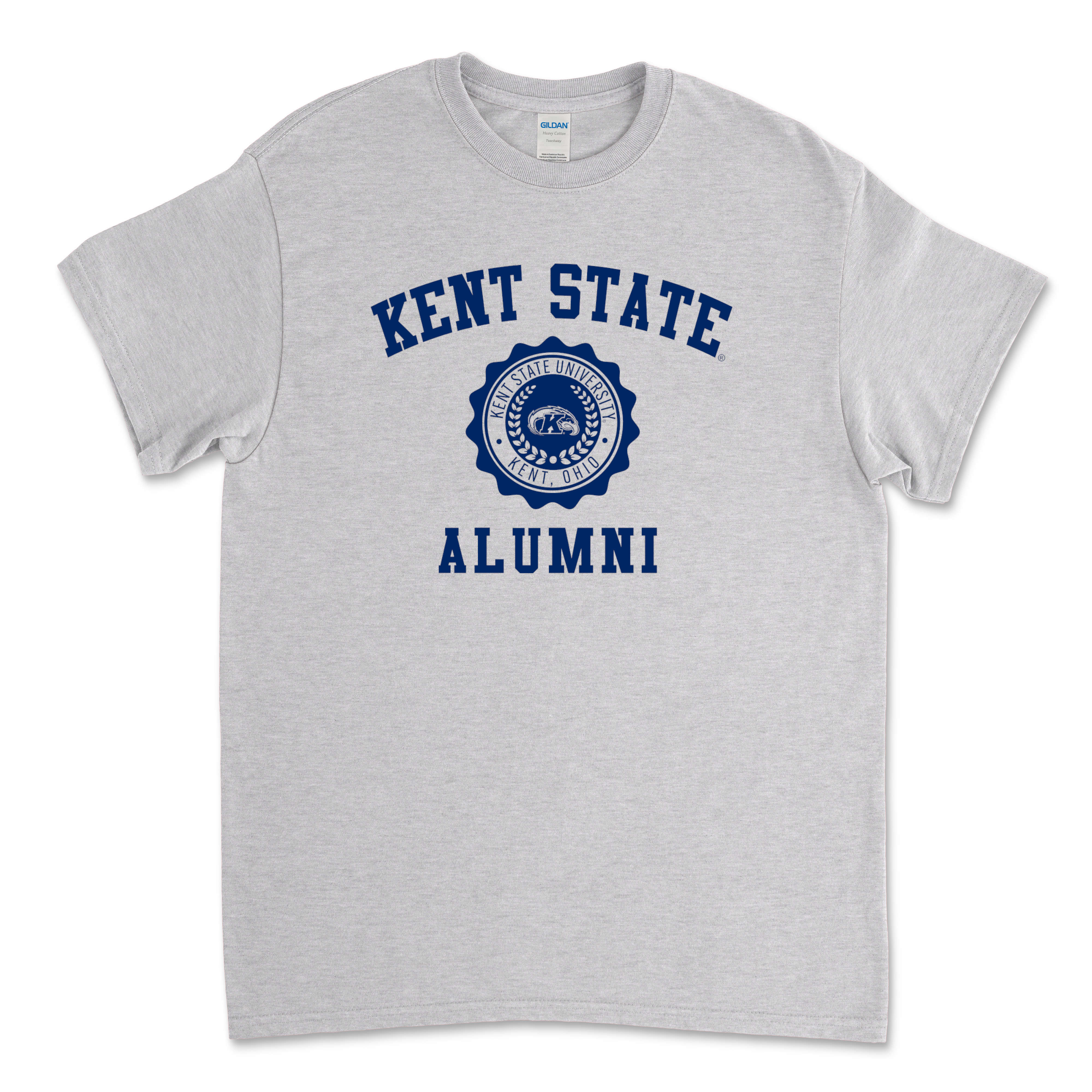Kent State Alumni With Crest T-Shirt in light gray featuring a navy blue Kent State University seal and text, perfect golden flashes apparel for Kent State alumni.
