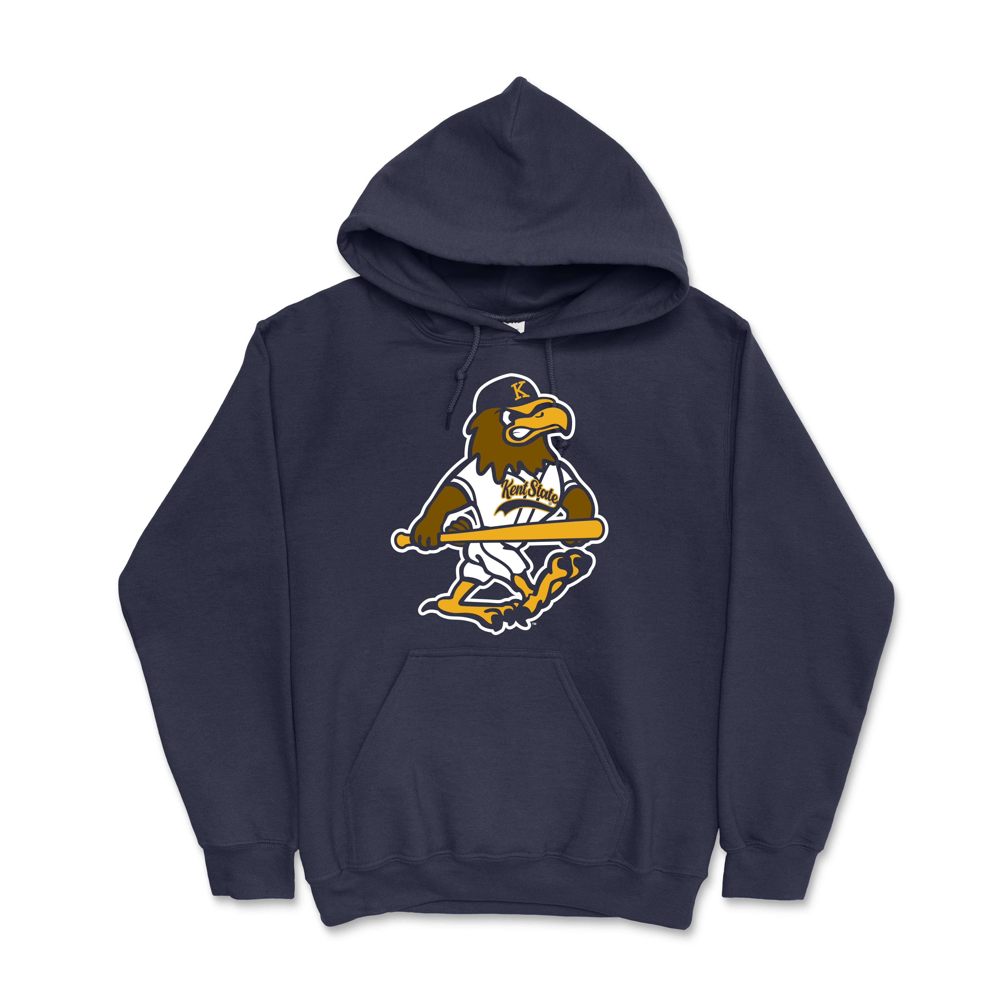 Fearless Flash Baseball Navy Hood with a Kent State Golden Flashes mascot holding a baseball bat, featuring drawstrings and a front pocket, made by Kent Sportswear.