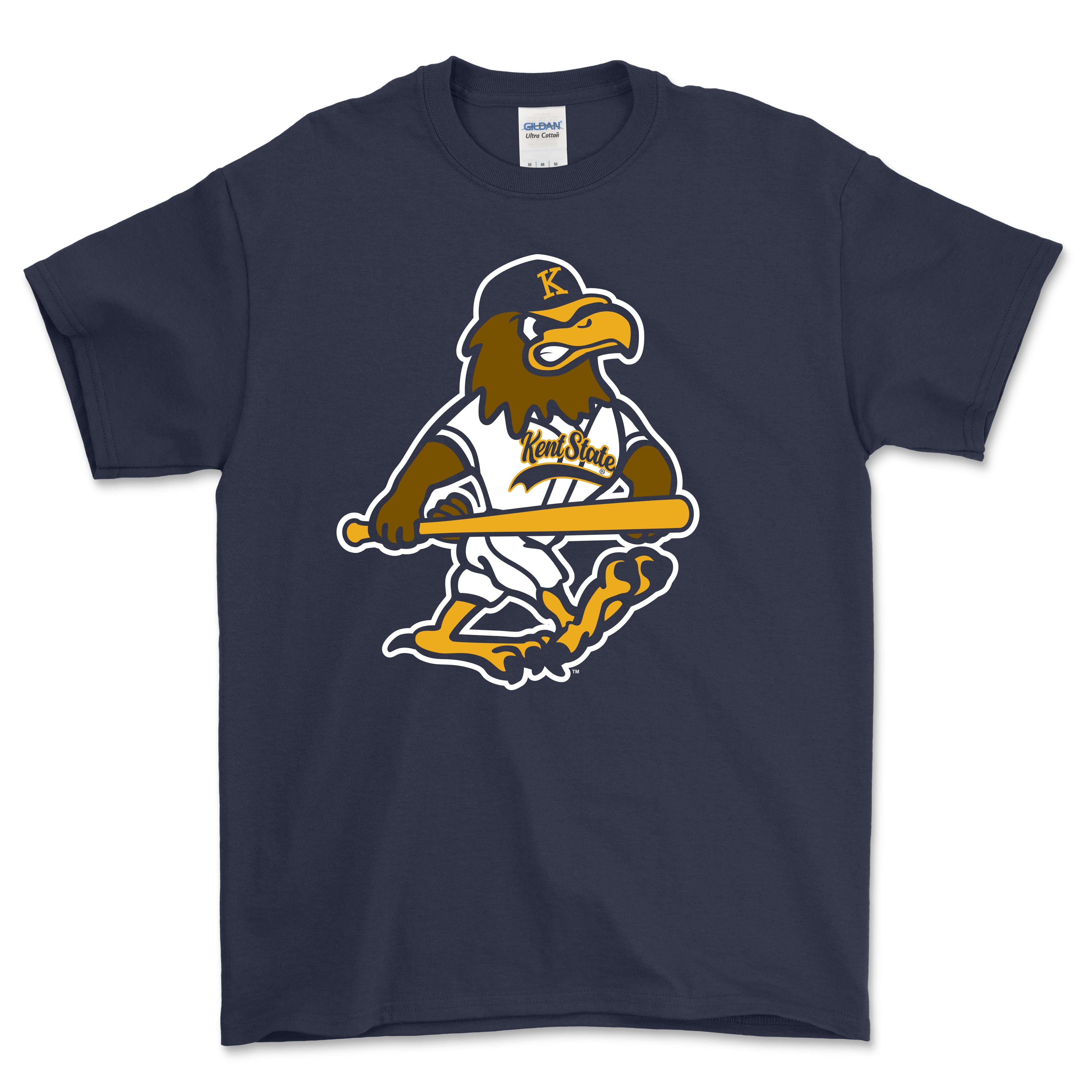 Fearless Flash Baseball Navy T-Shirt featuring a navy blue fabric with a graphic of the Kent State Golden Flashes mascot holding a baseball bat in a batting stance.