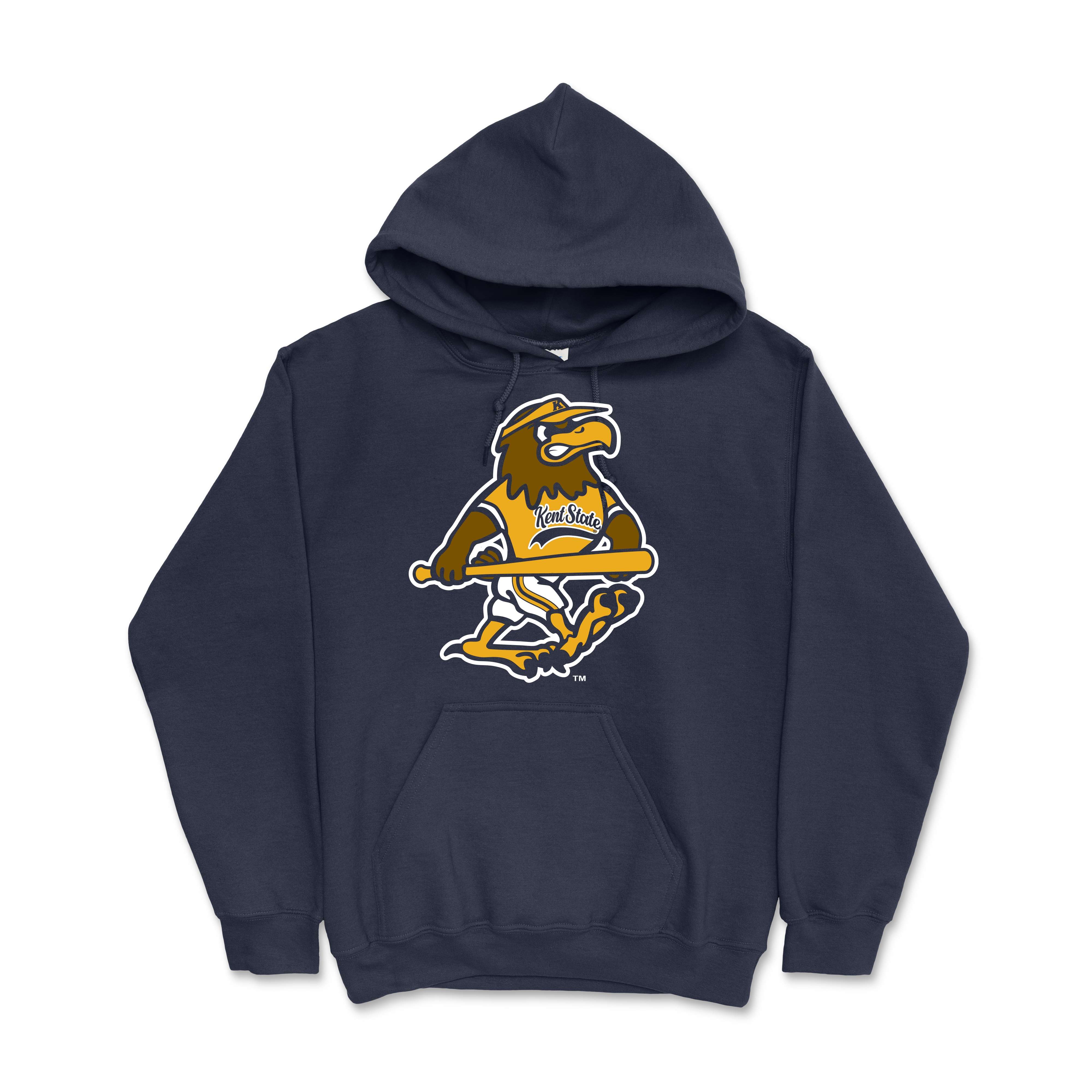 Fearless Flash Softball Navy Hood featuring Kent State Golden Flashes logo with a bird holding a baseball bat, casual Kent State university apparel in navy blue.