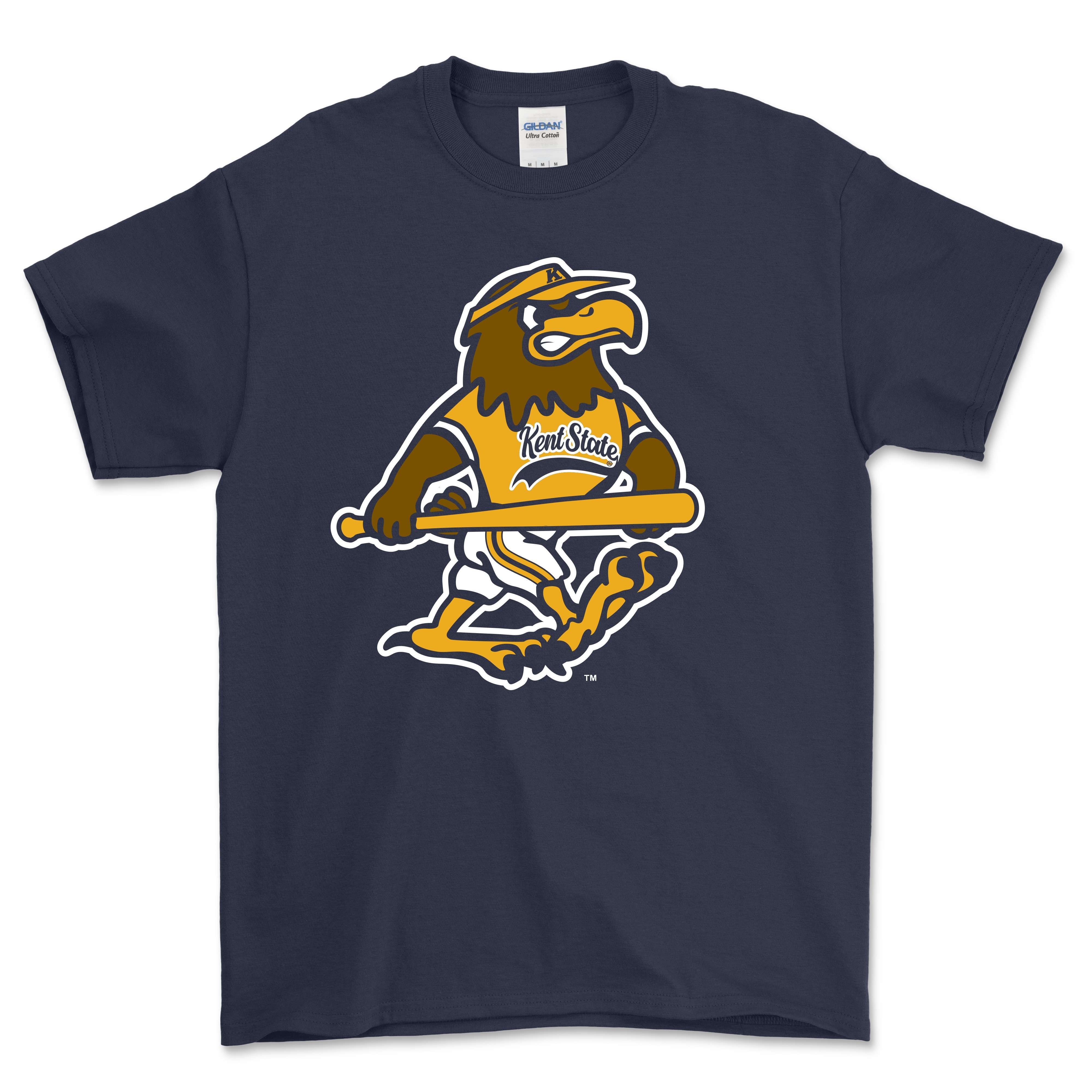 Fearless Flash Softball Navy T-shirt featuring a bold Kent State Golden Flashes mascot holding a bat, perfect Kent State University apparel for fans and softball enthusiasts.