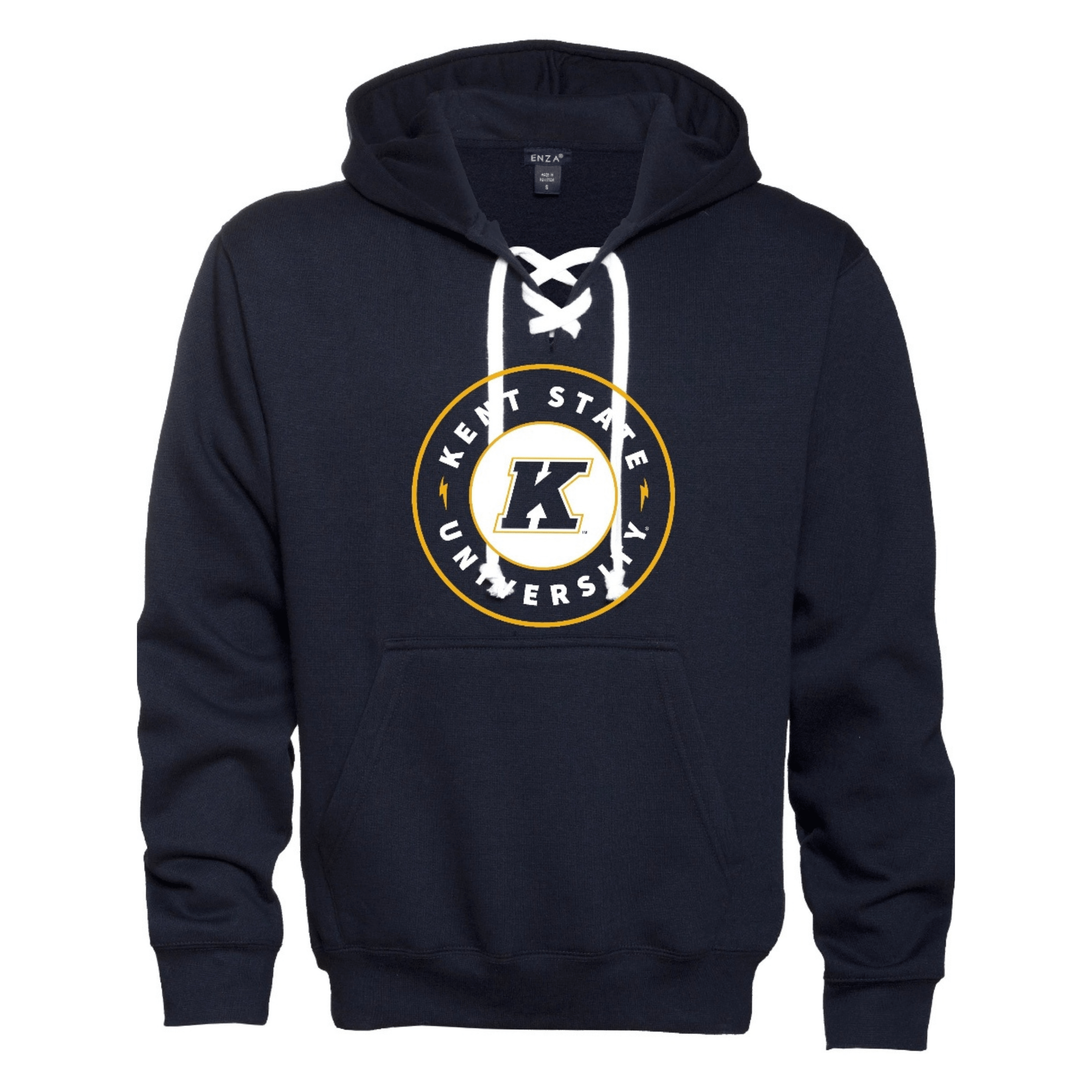 Navy blue hoodie featuring a lace-up neckline and a circular Kent State Hockey Crest logo with "Kent State University" text and a bold letter K in the center.