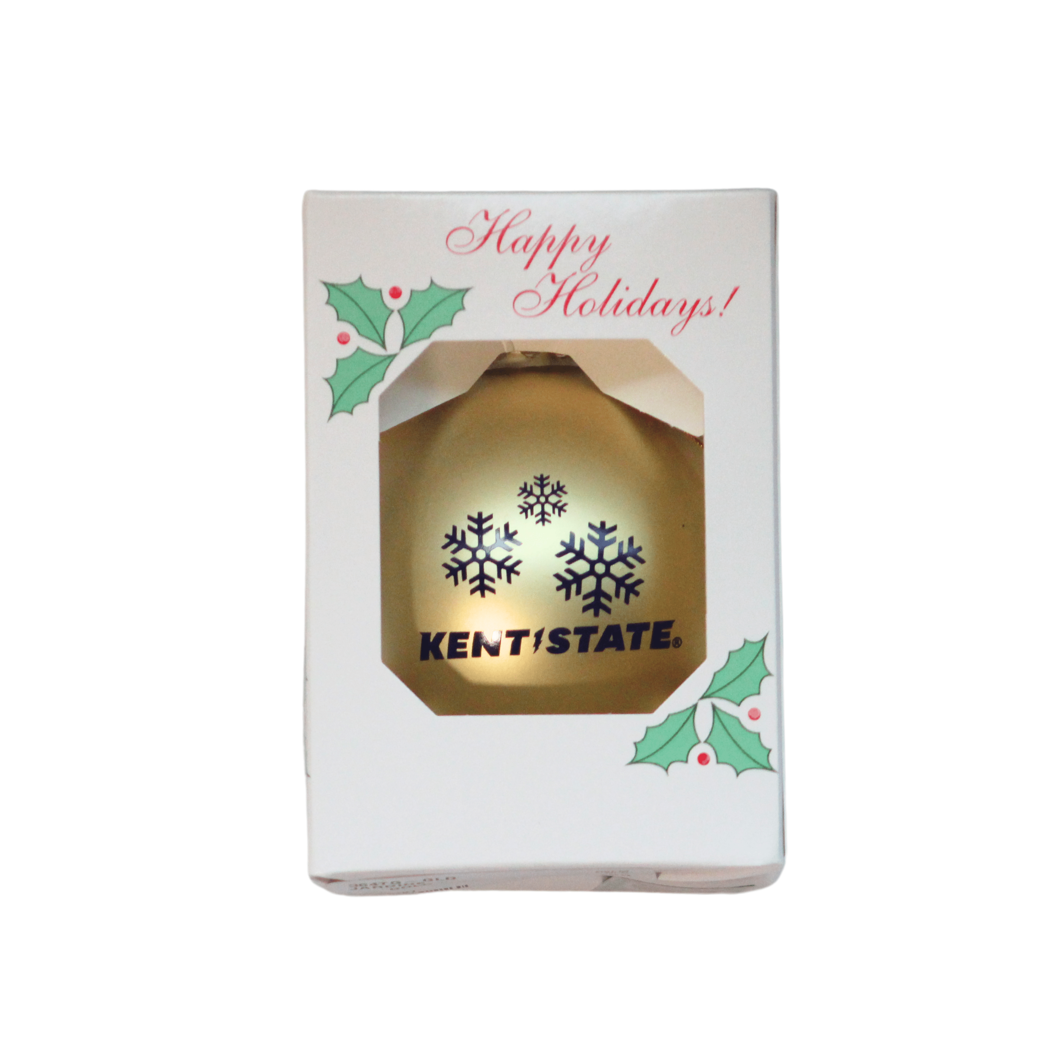 Gold Flake Ornament featuring Kent State logo and snowflakes, displayed in a festive white box with holly leaves and red berries, and "Happy Holidays!" text.