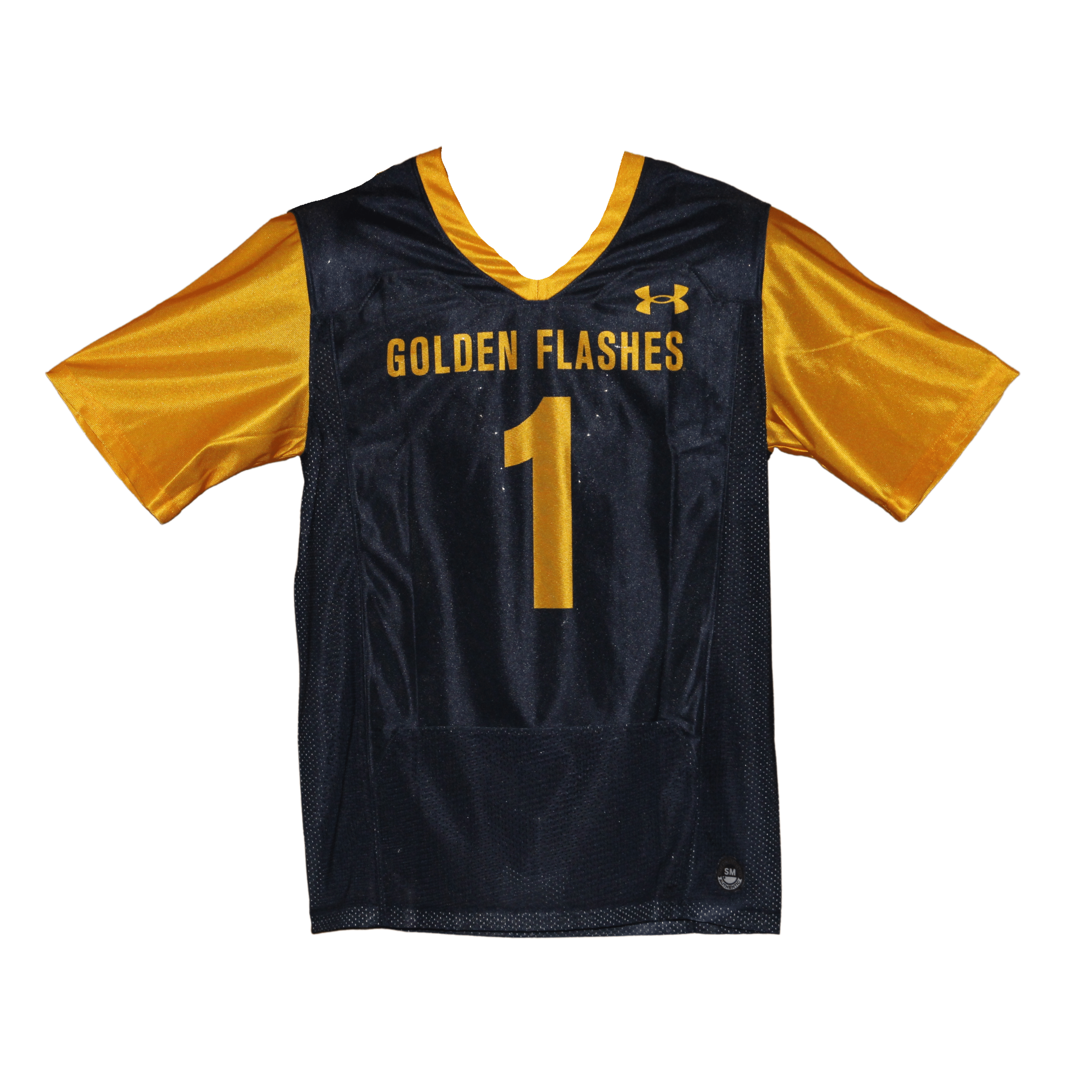 Under Armour Football Jersey 2023 featuring black mesh body and gold sleeves, displaying "GOLDEN FLASHES" and the number 1 for Kent State University apparel.