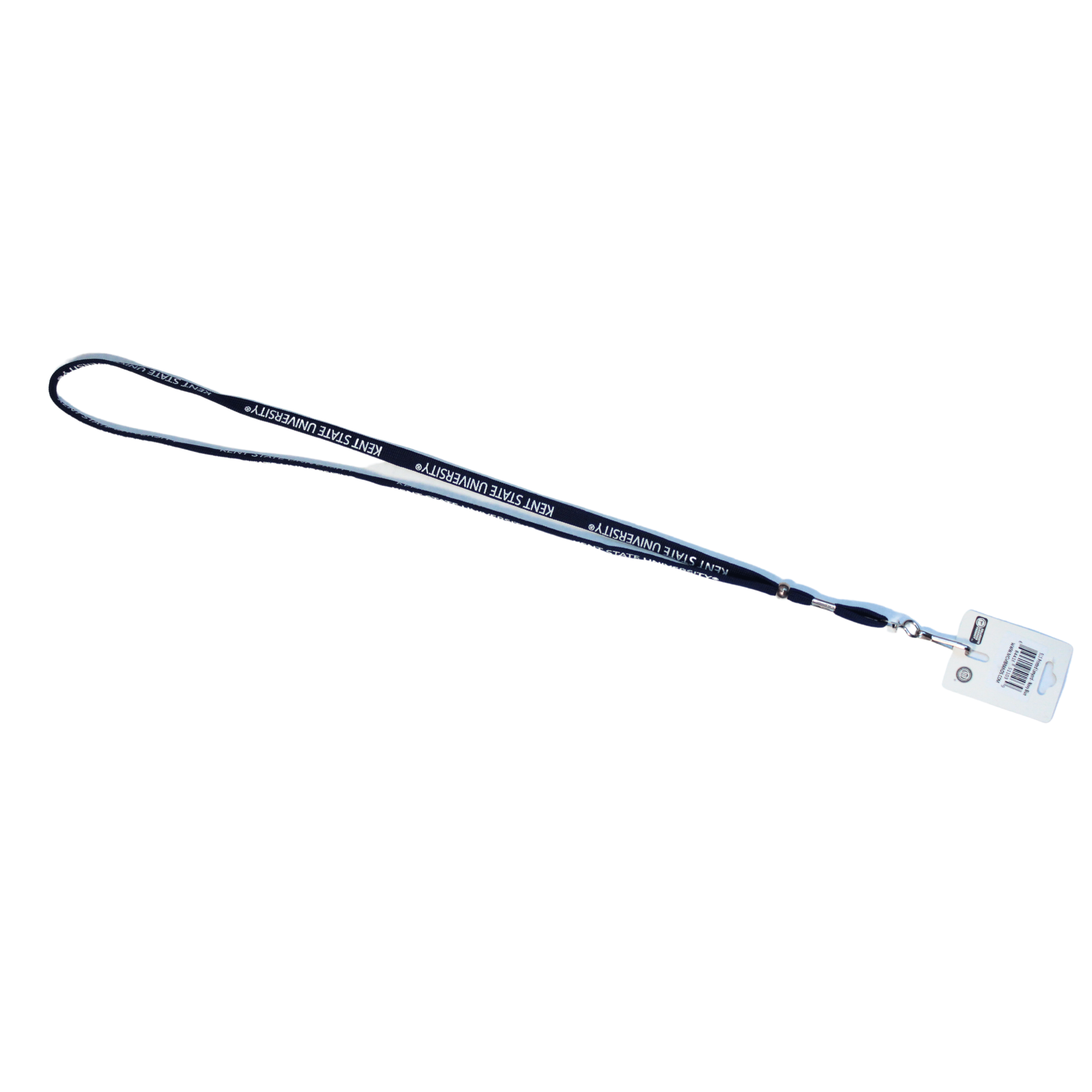 Kent State Navy 3/8 Printed Lanyard featuring Kent State University text in white on a navy blue background with a metal clip and plastic badge holder attachment.