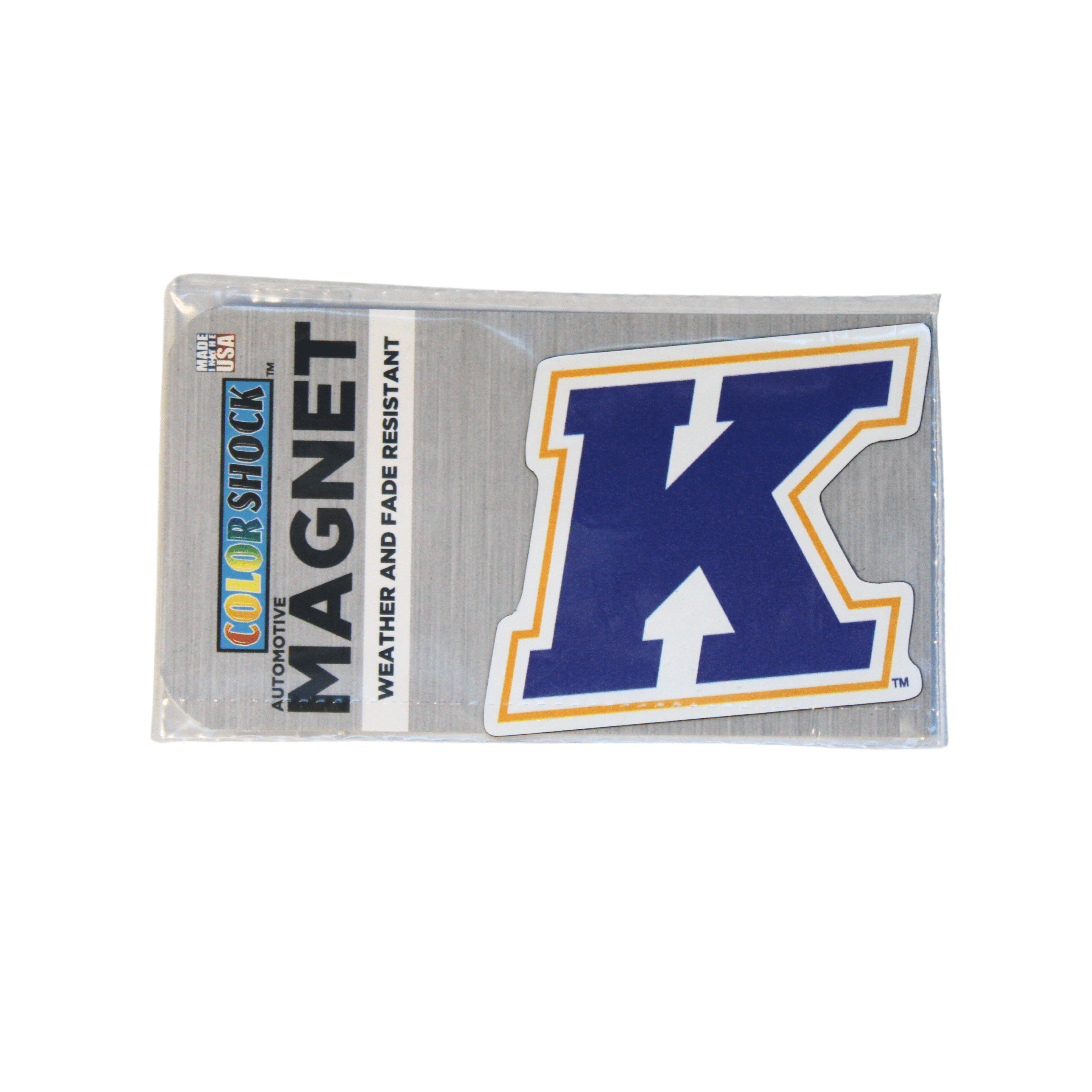 Kent State Navy Mini Mag K automotive magnet in blue and gold colors, weather and fade resistant, representing Kent State University apparel.